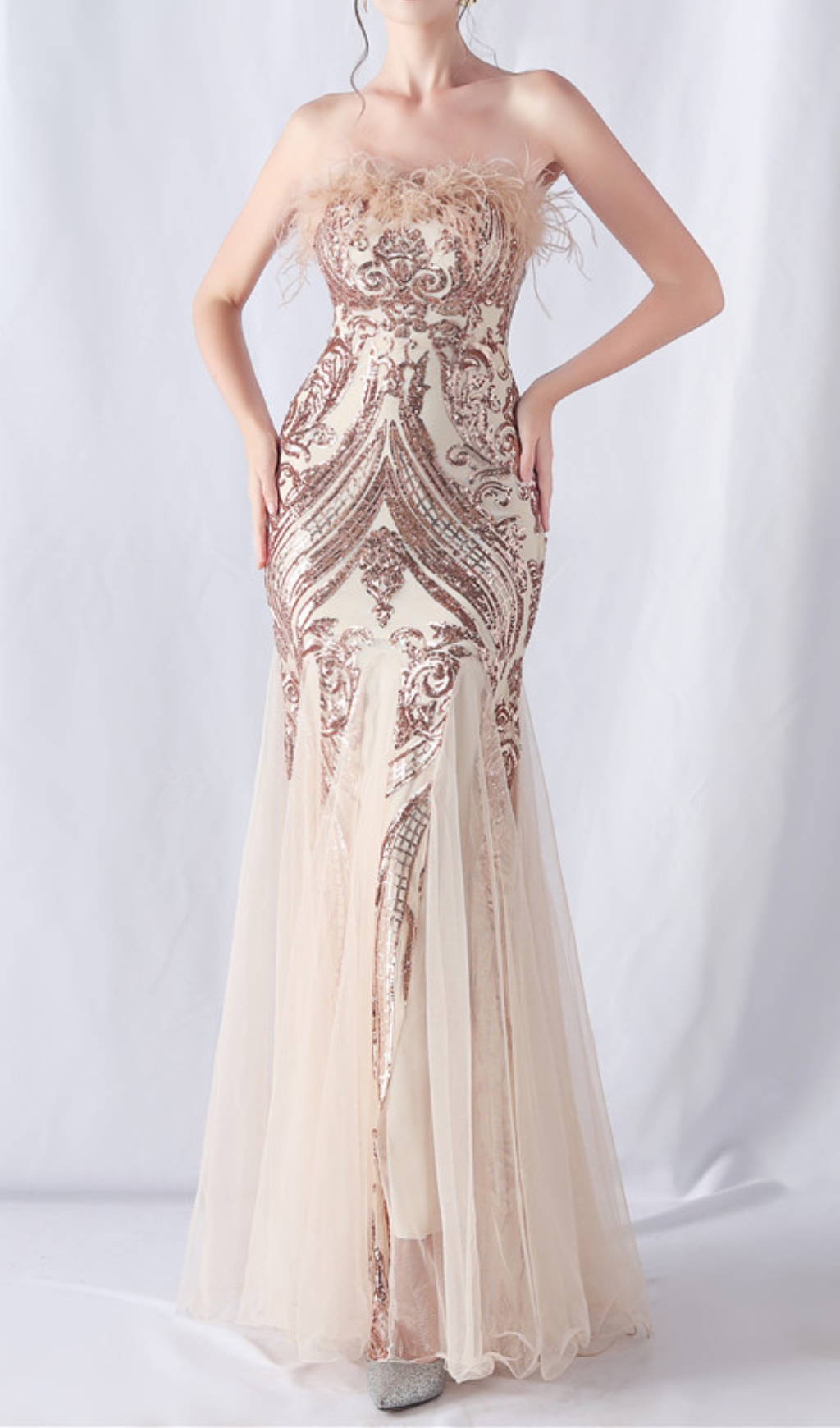 Fashionslee Women Choire Champagne Sequin Feather Maxi Dress
