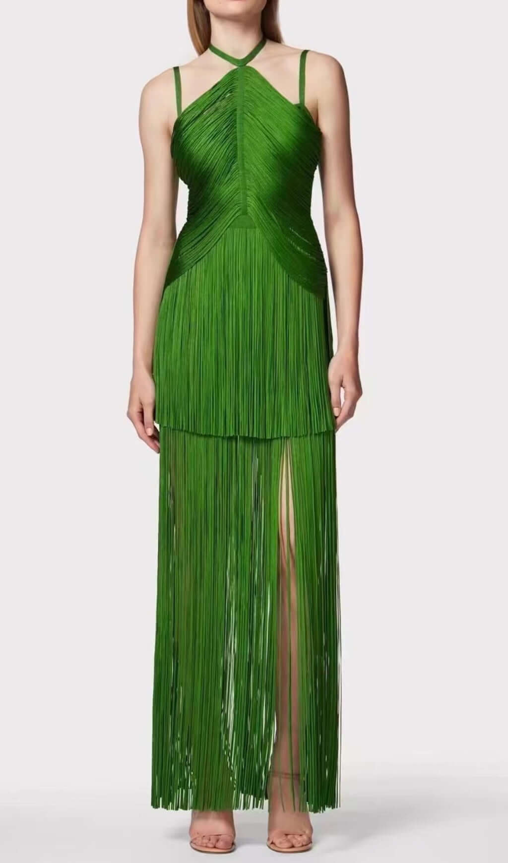 Fashionslee Women Brooklyn Green Halter Tassel Maxi Dress
