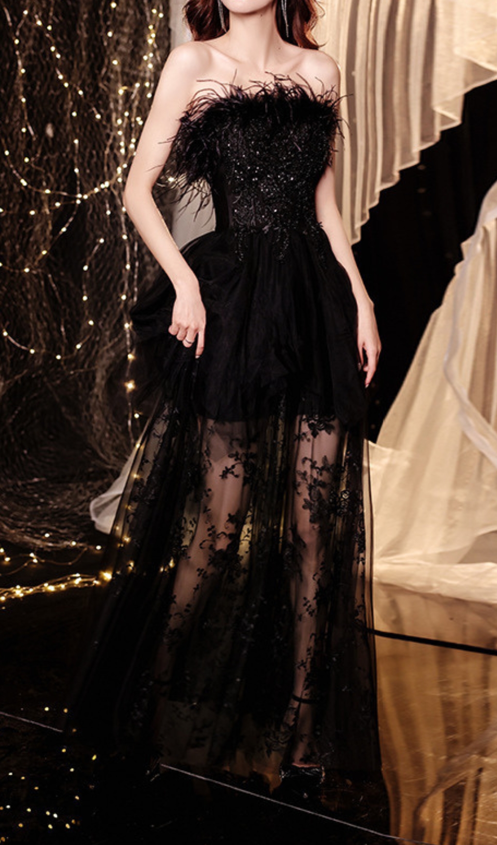 Fashionslee Women Chiyemi Black Feather Sequin Mesh Maxi Dress
