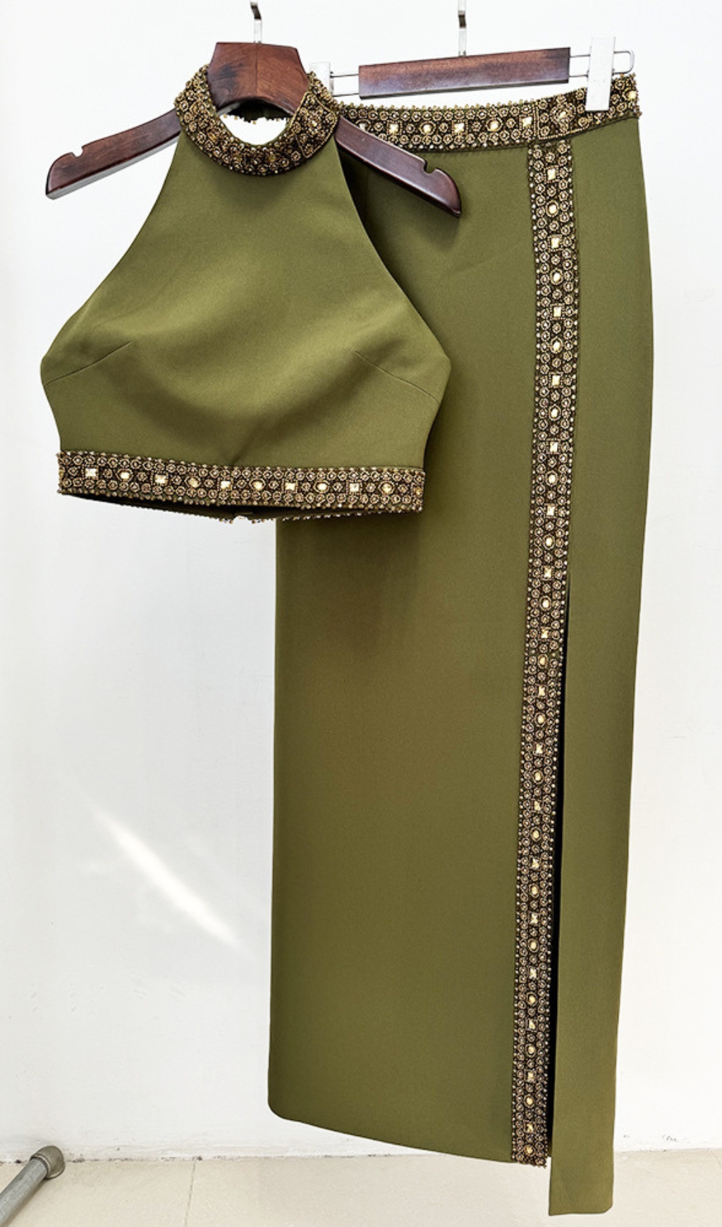 Fashionslee Women Coaxoch Green Bead Top & Skirt Set