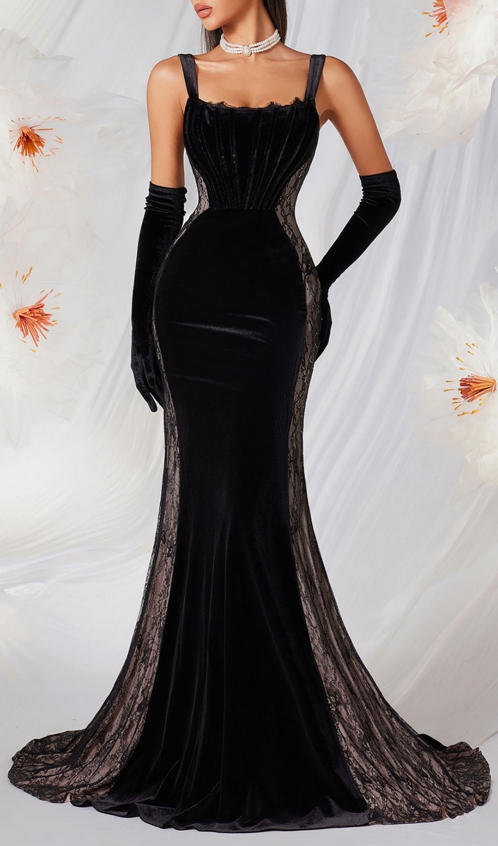 Fashionslee Women Lana Black Strappy Corset Velvet Lace Gown