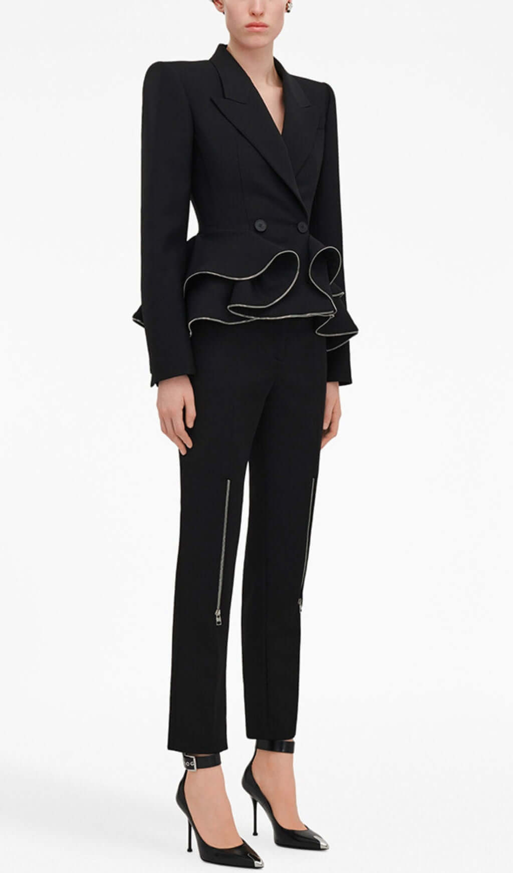Fashionslee Women Brigitte Black Ruffle Jacket & Pants