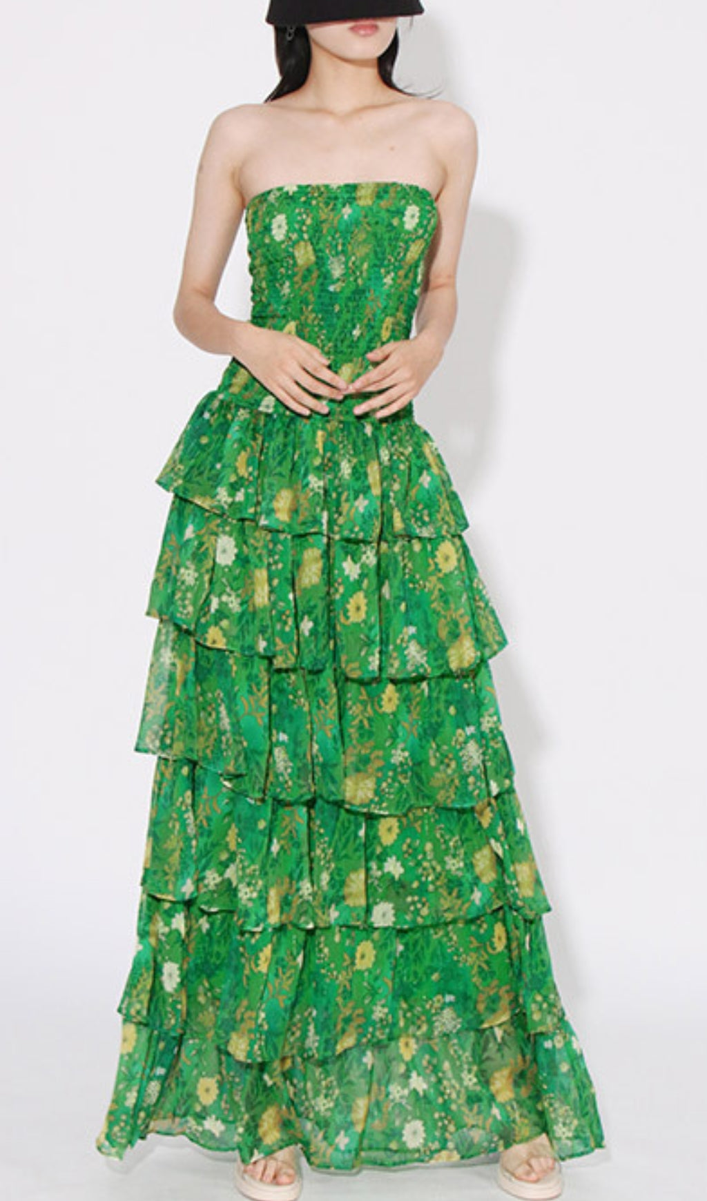 Fashionslee Women Bela Green Strapless Floral Ruffle Maxi Dress