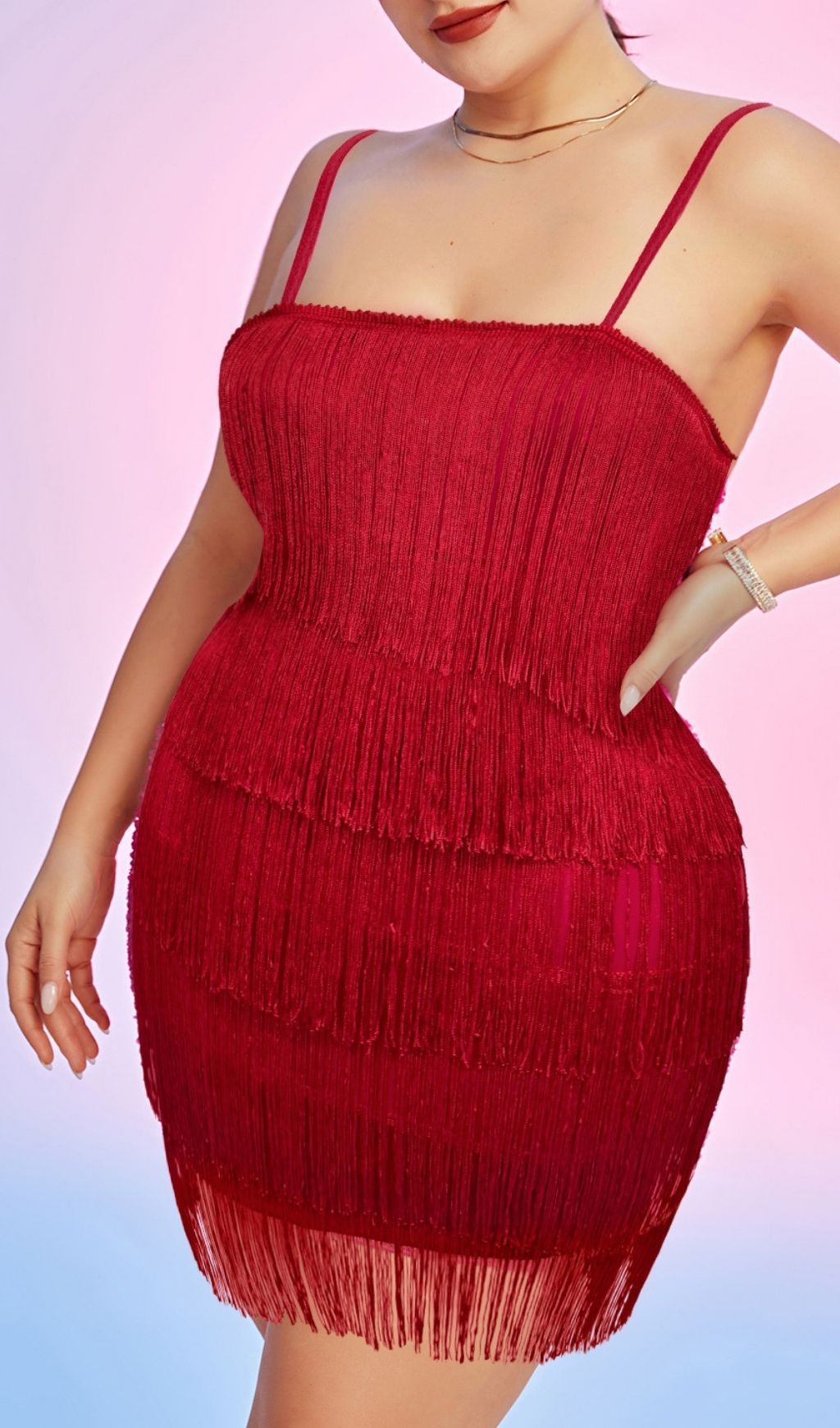 Fashionslee Women Lanita Red Strappy Tassel Plus Size Mini Dress