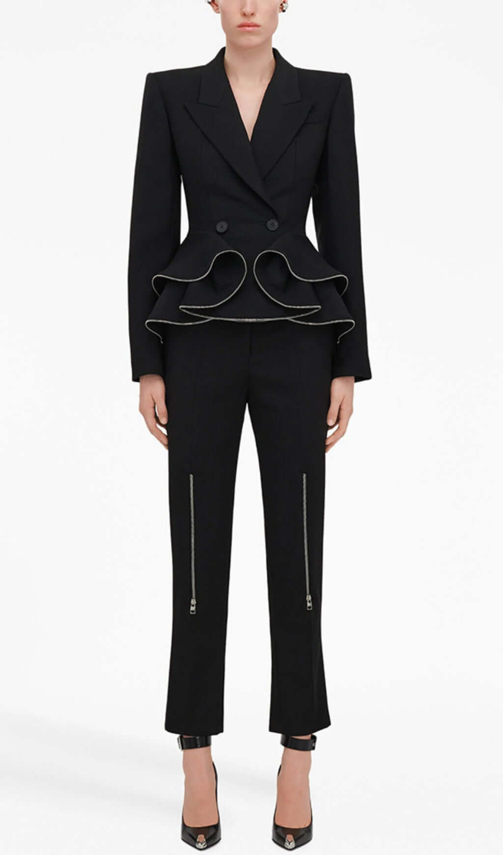 Fashionslee Women Brigitte Black Ruffle Jacket & Pants