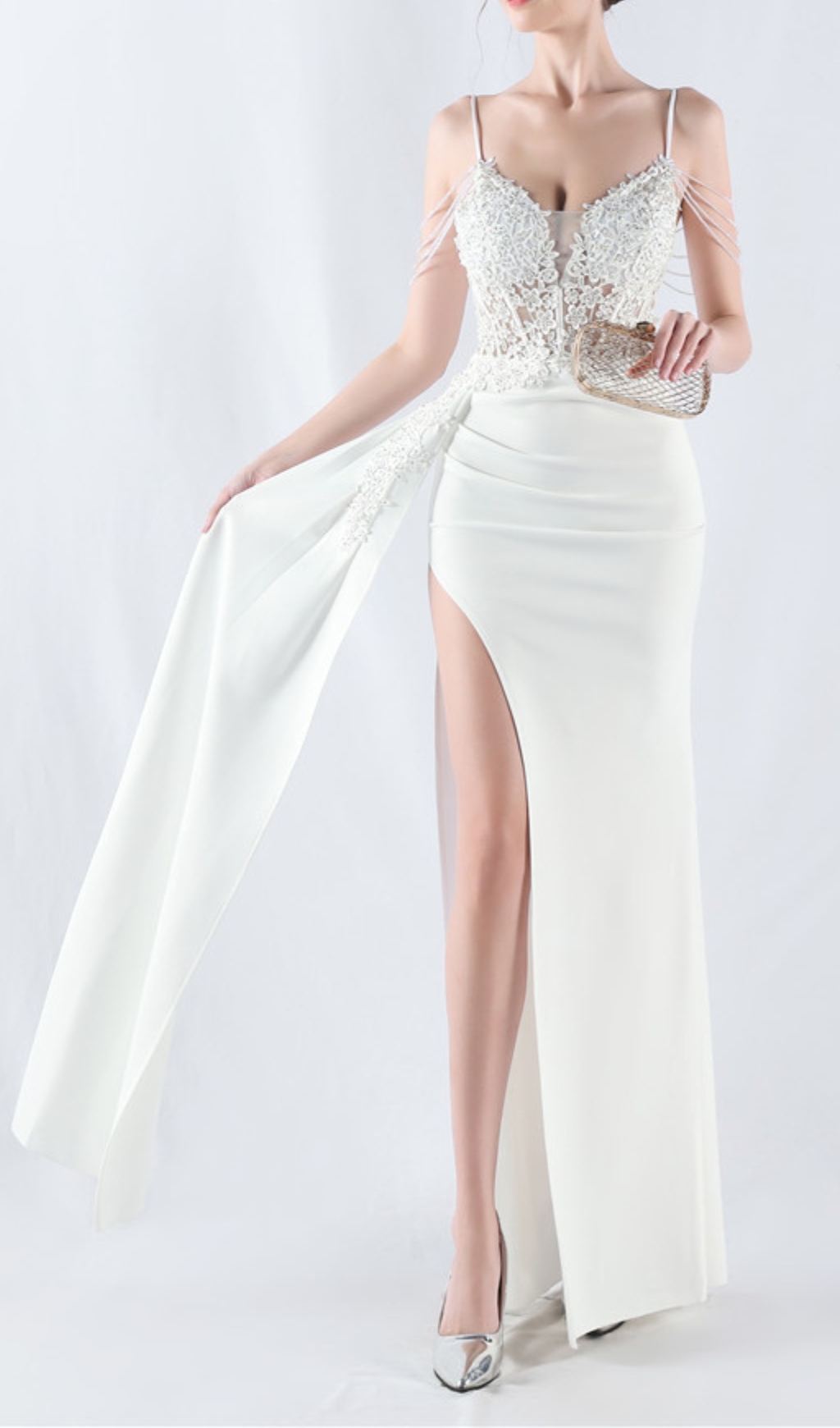 Fashionslee Women Chofa White Flower Bead Corset Maxi Dress