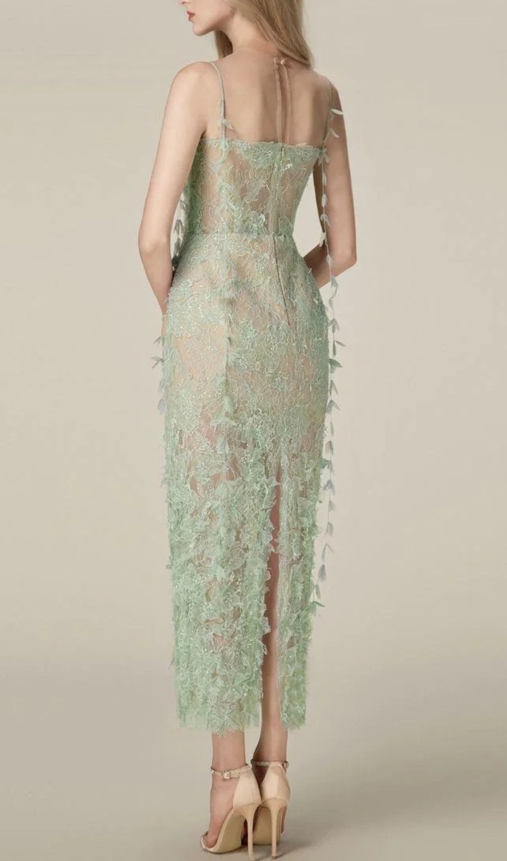 Fashionslee Women Argo Green Bead Lace Pencil Dress