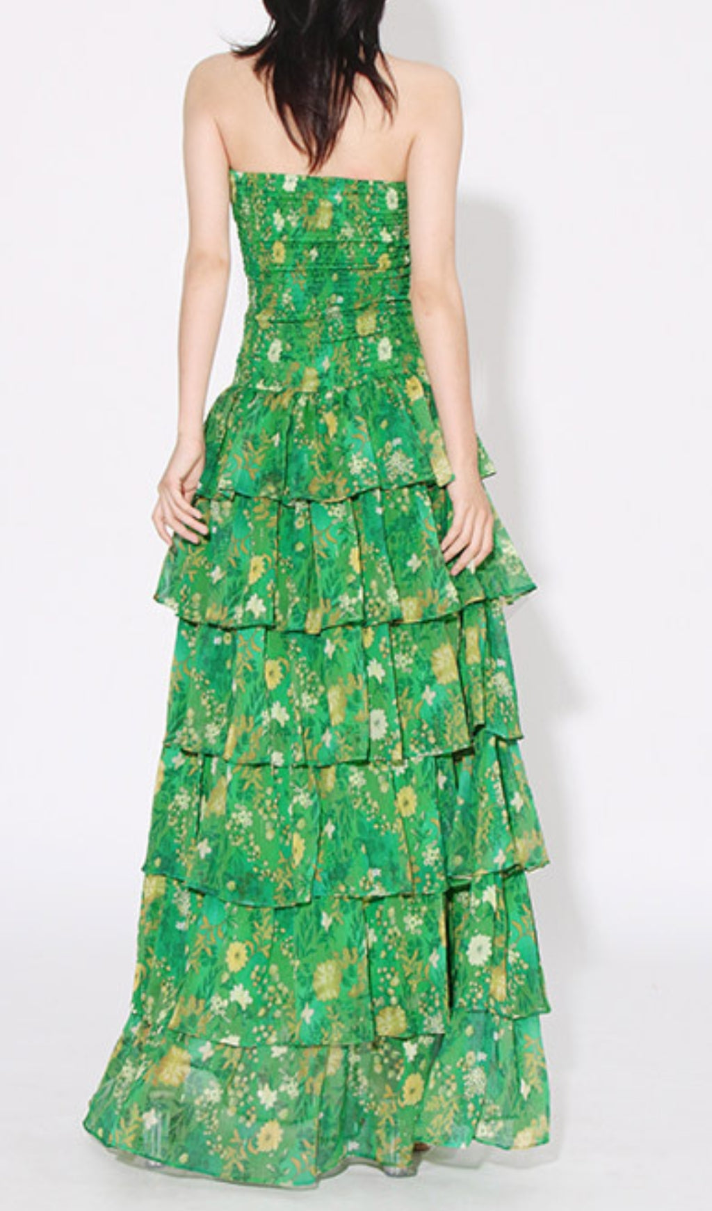 Fashionslee Women Bela Green Strapless Floral Ruffle Maxi Dress