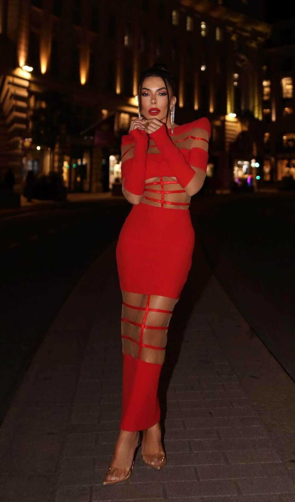 Fashionslee Women Banan Long Sleeve Mesh Bodycon Midi Dress