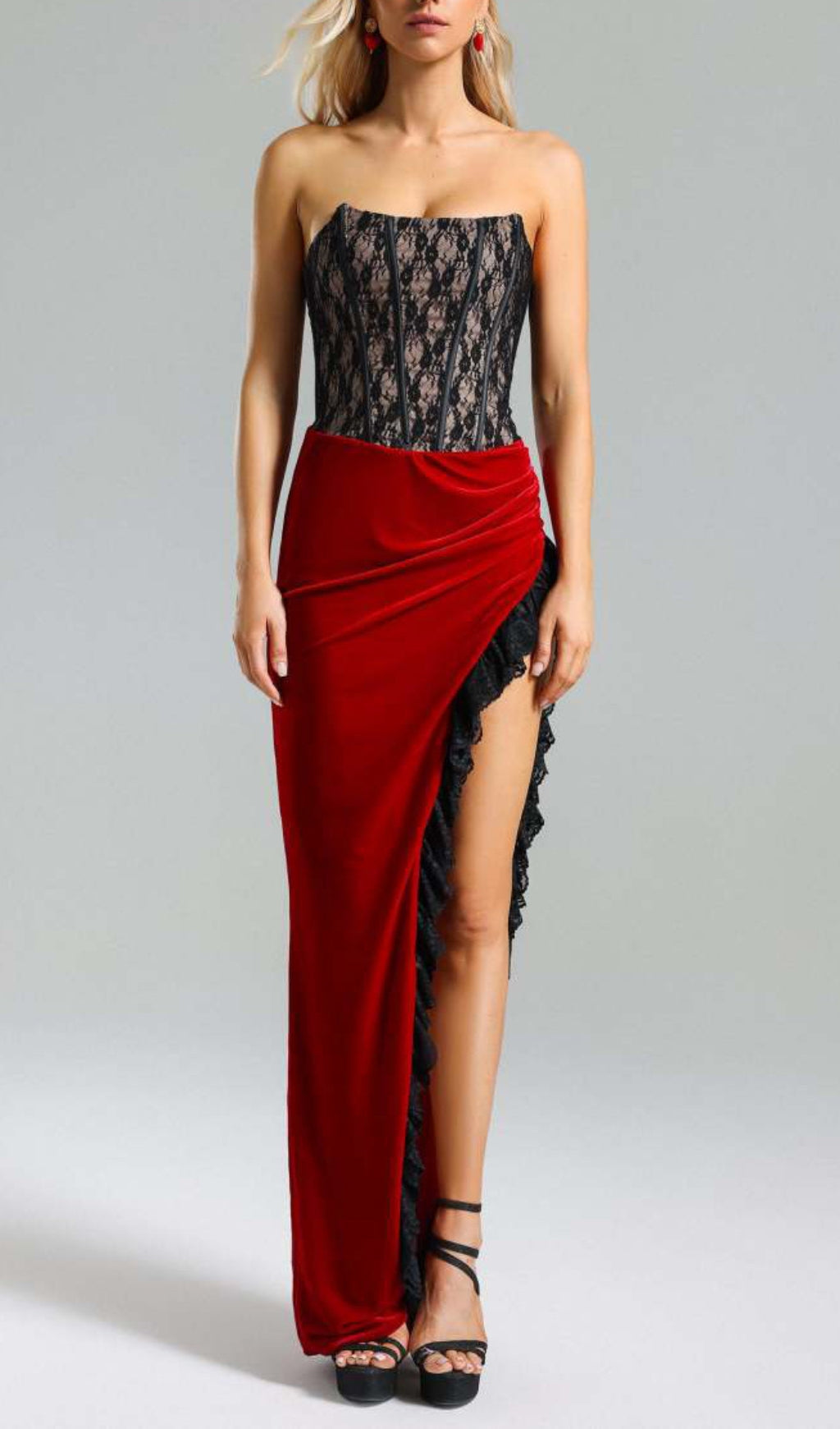 Fashionslee Women Aubrianna Lace Corset Velvet Maxi Dress