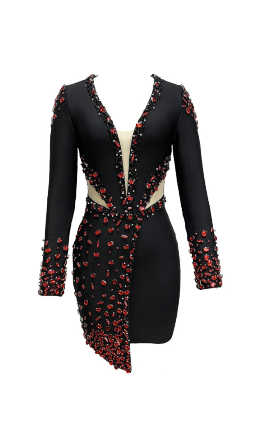 Fashionslee Women Abelina Long Sleeve Red Crystals Dress