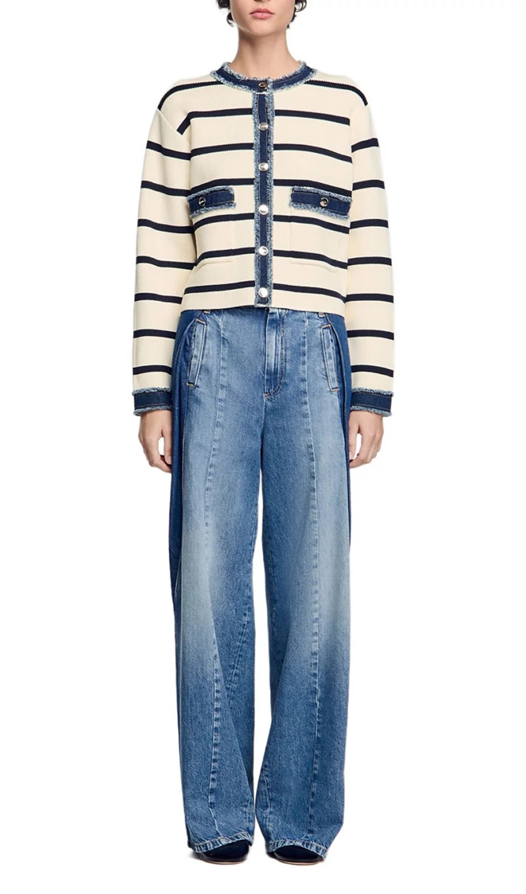 1000a240ac007519dc4c77c355dfb455.jpg Fashionslee Women Striped Cardigan With Denim Detail