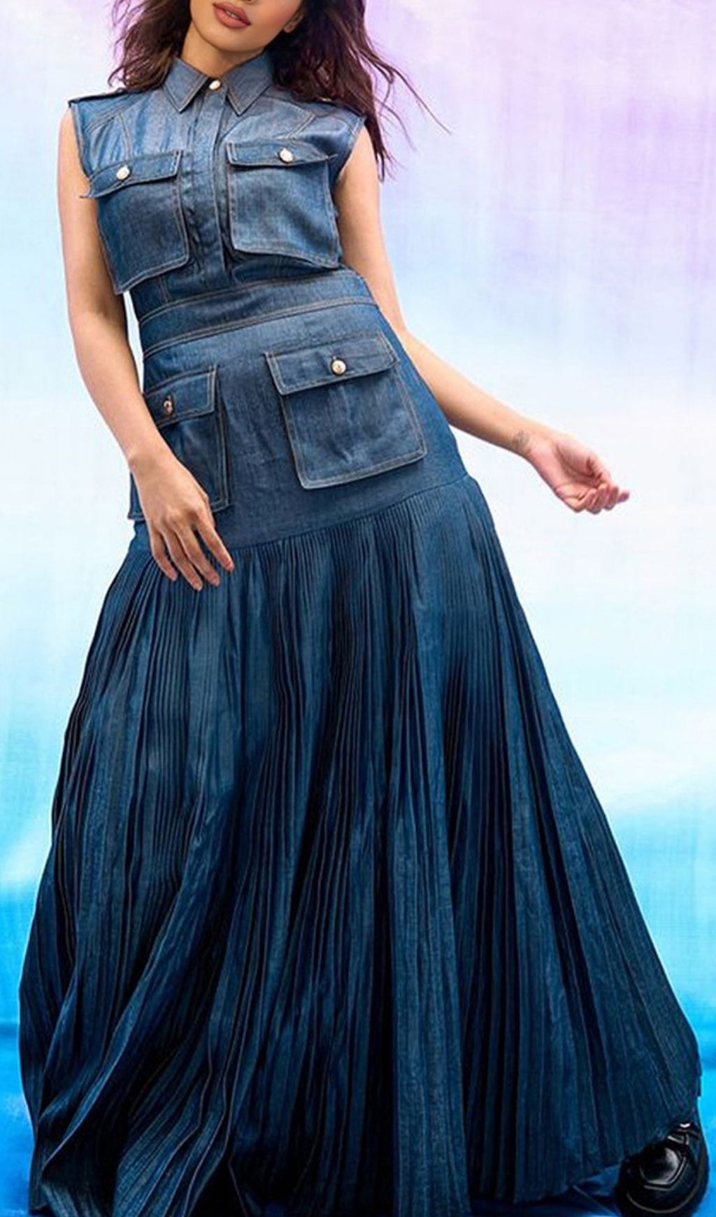 101d8b96116bd7b3504bffc657277a91.jpg Fashionslee Women Latacia Denim Pockets Pleated Maxi Dress