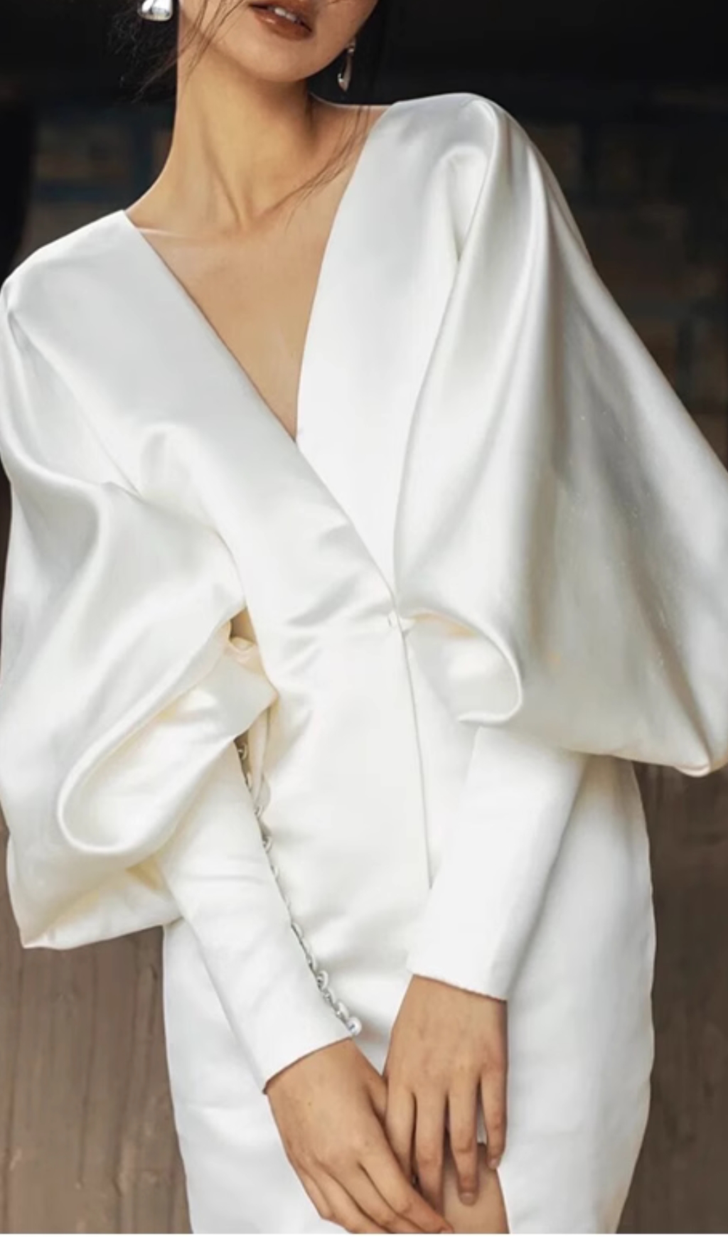 Fashionslee Women Coletta White V-Neck Long Sleeve Satin Mini Dress