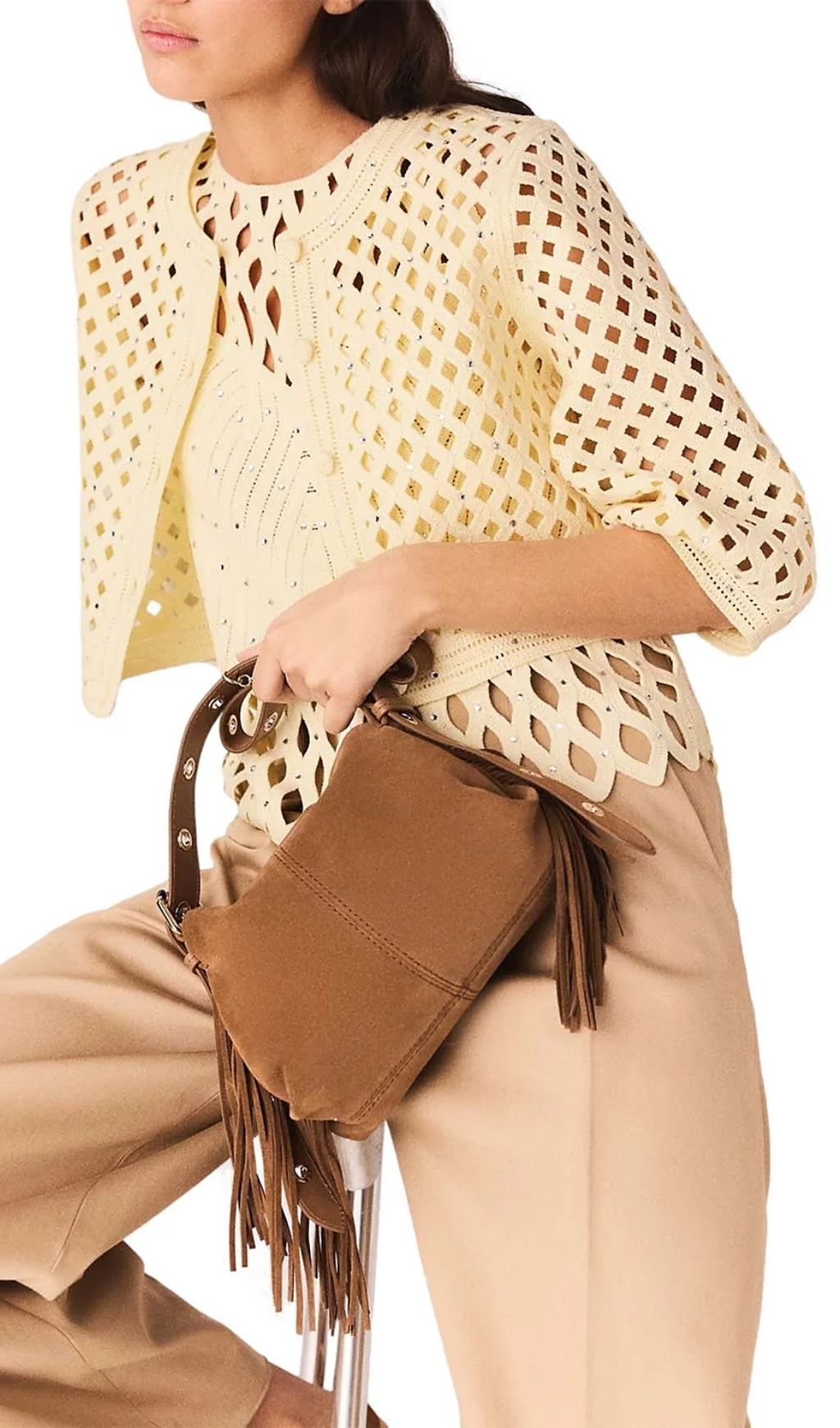 Fashionslee Women Rhinestone Crochet Cardigan