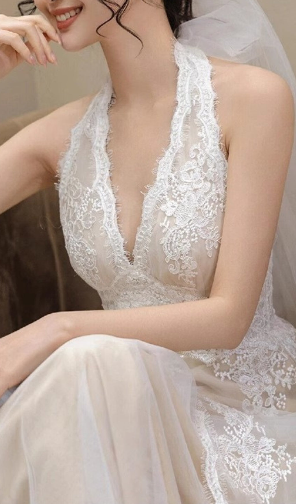 Fashionslee Women Aviella Halter Lace Wedding Dress
