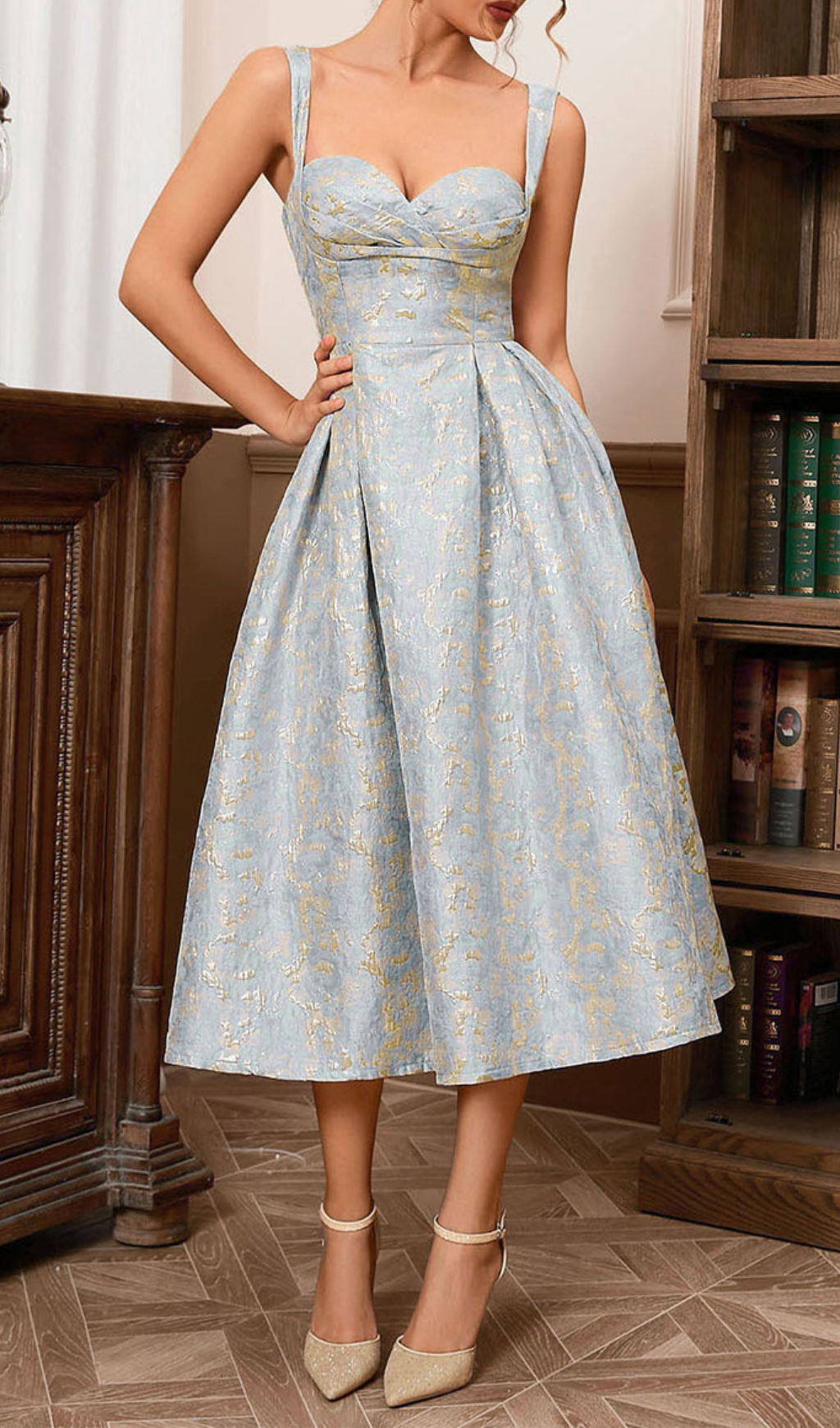 1540973dad97286eadb5e6febf038a10.png Fashionslee Women Avon A Line Midi Dress Gold Aqua
