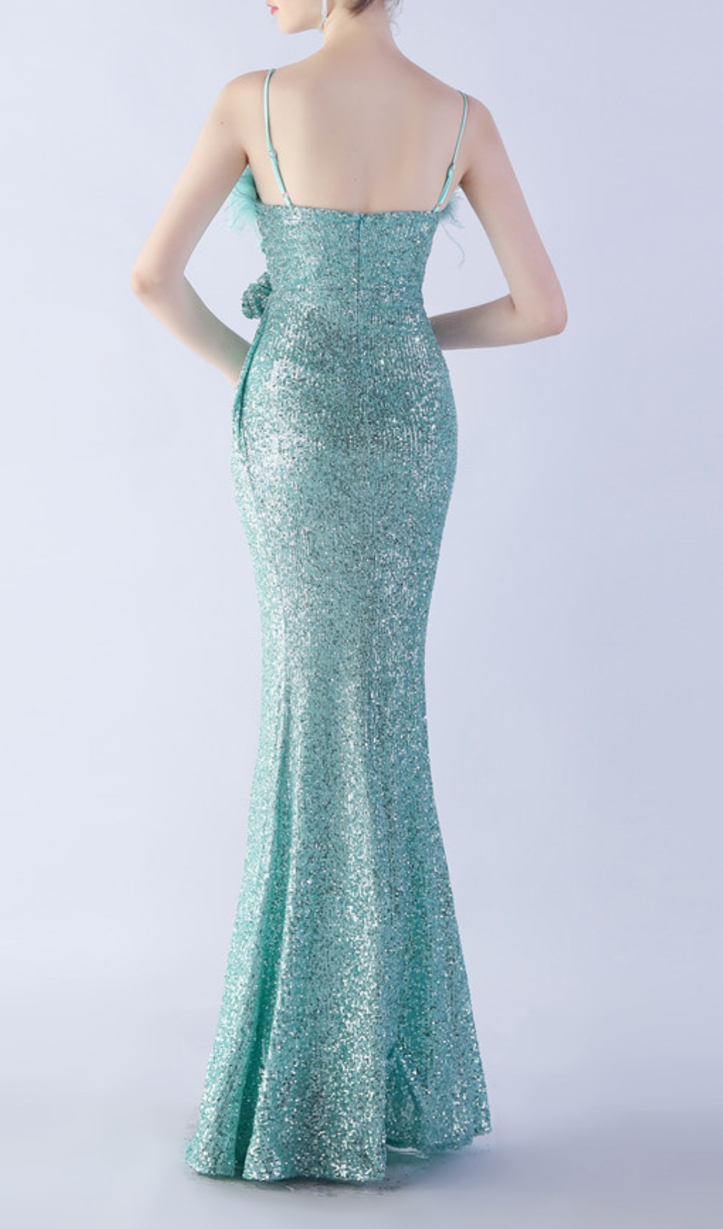 Fashionslee Women Chroma Mint Sequin Flower Feather Maxi Dress