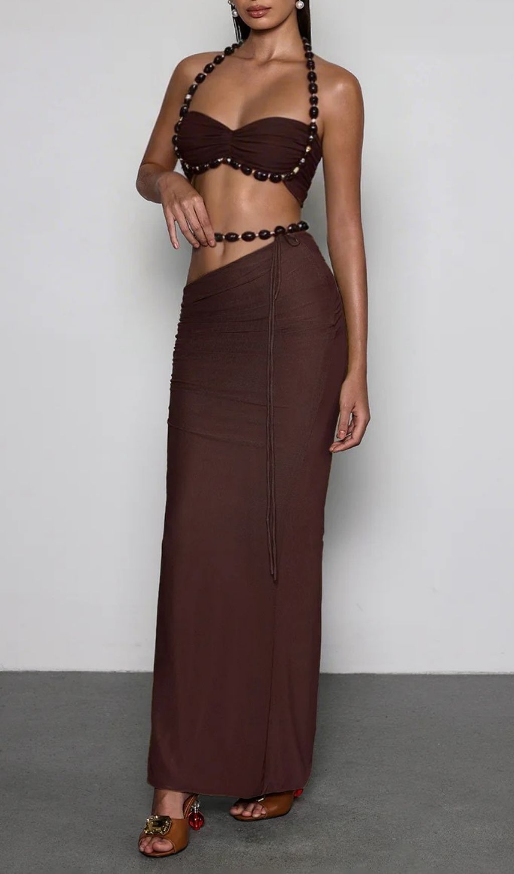 15faaf065255ae0fbf01cddc2cc50c55.jpg Fashionslee Women Eryna Halterneck Ruched Skirt Set In Coffee