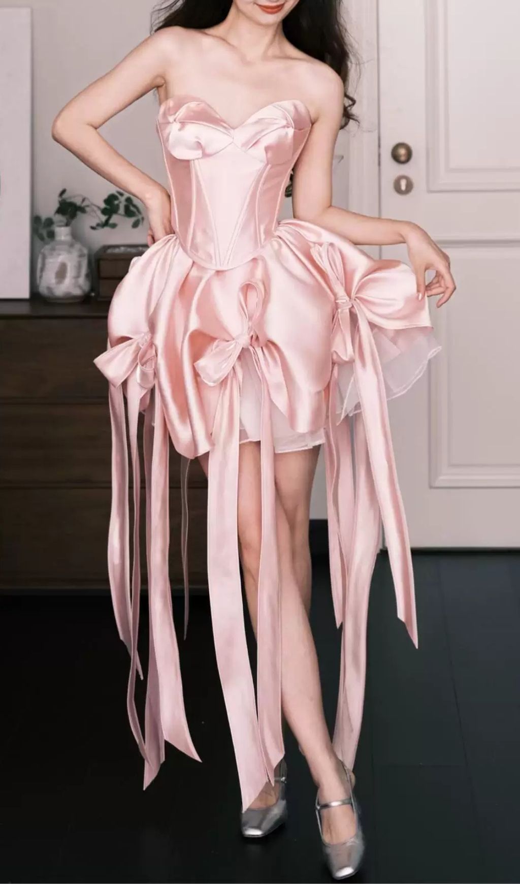 Fashionslee Women Lebana Pink Strapless Bow Mini Dress
