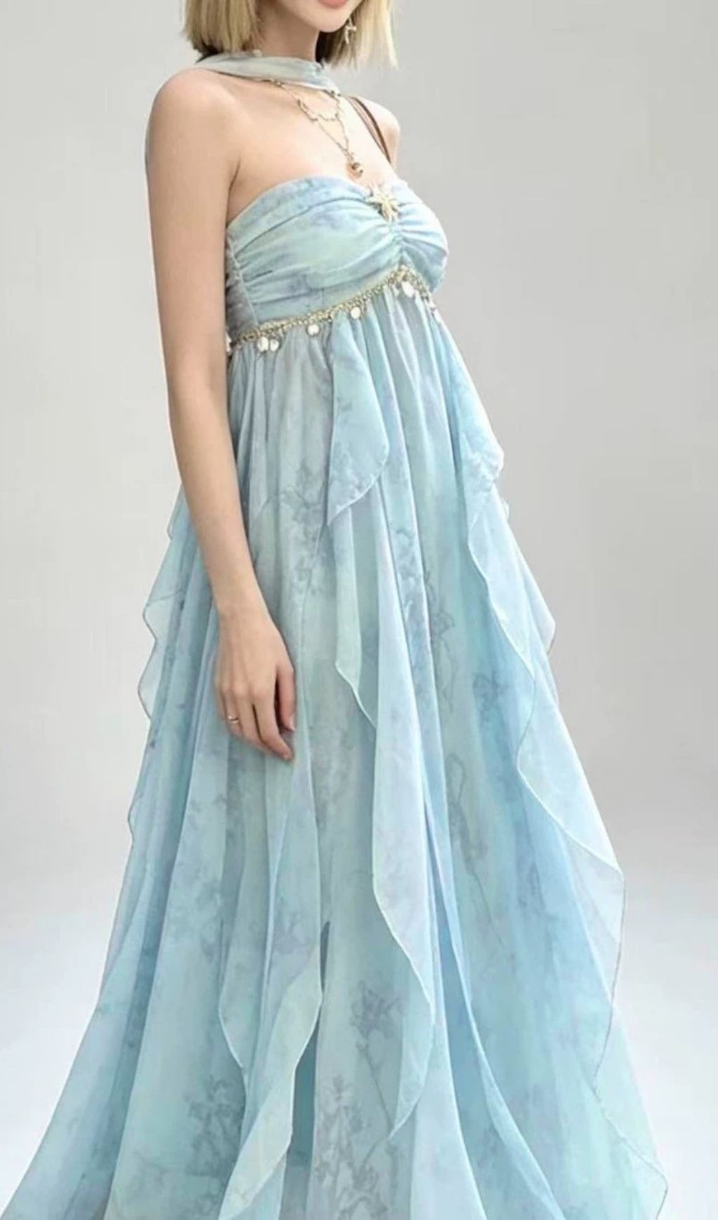 LAVERNA BLUE STRAPLESS PRINTED MAXI DRESS FOR SUMMER - OWNCI LAVERNA BLUE STRAPLESS PRINTED MAXI DRESS FOR SUMMER - OWNCI