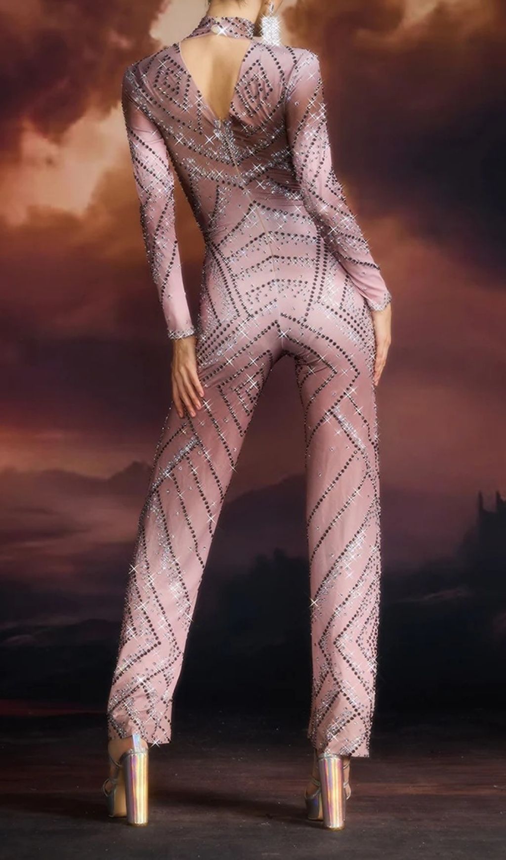 Fashionslee Women Ellavere Long Sleeve Rhinestone Jumpsuit