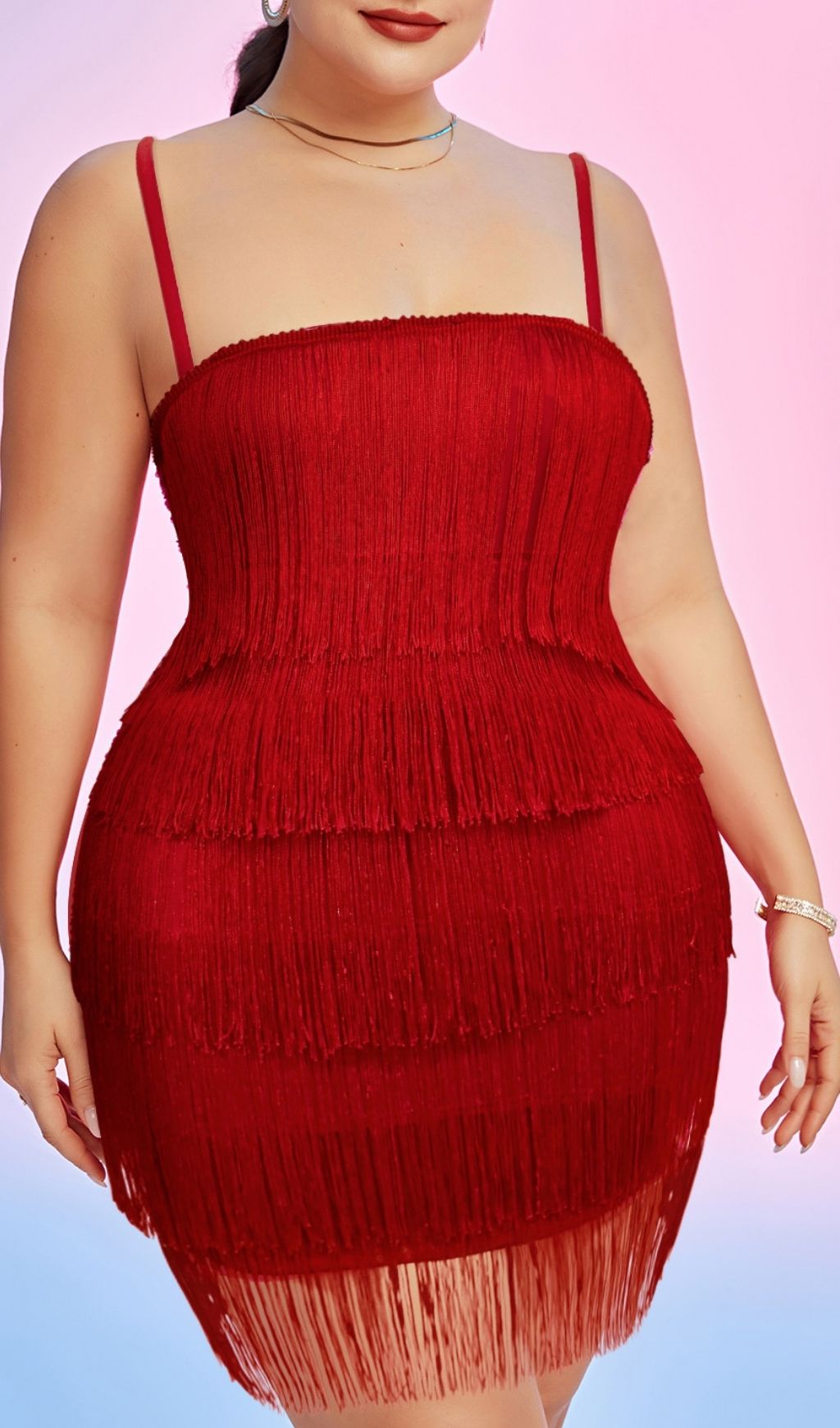Fashionslee Women Lanita Red Strappy Tassel Plus Size Mini Dress