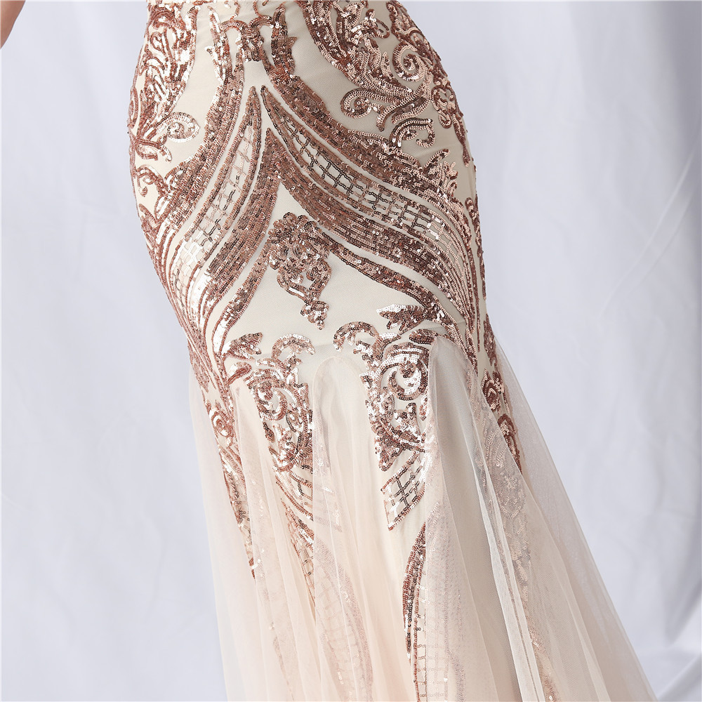 Fashionslee Women Choire Champagne Sequin Feather Maxi Dress