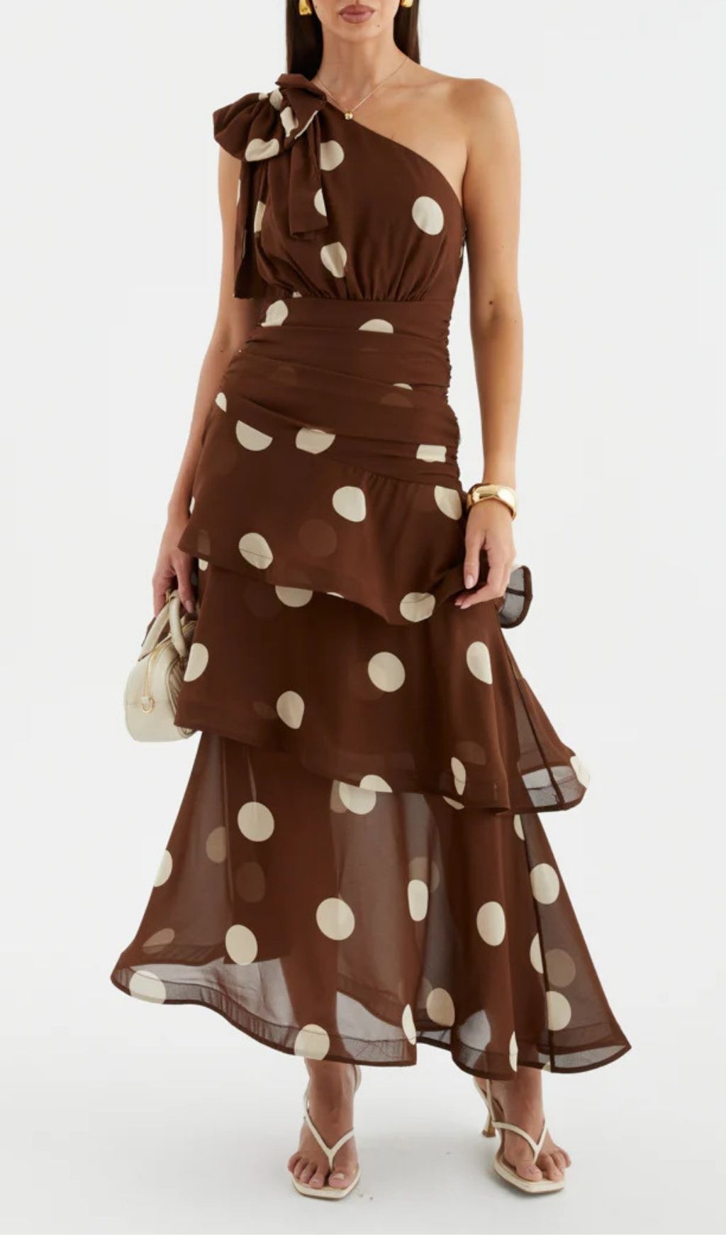 1b5eade61aaa051996e526154e097266.jpg Fashionslee Women Lalaine Coffee One-Shoulder Dot Midi Dress