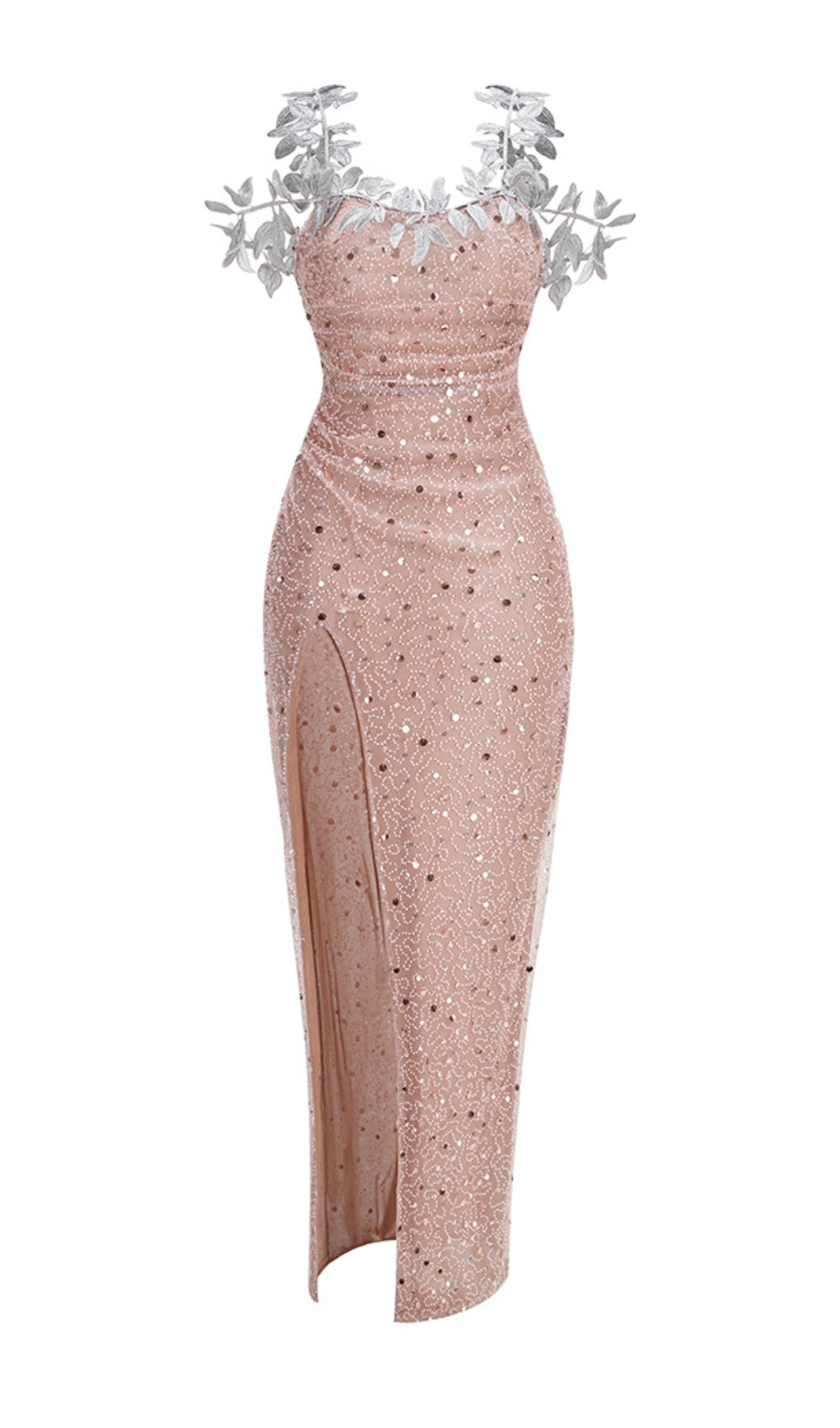 1bea8f386d5d1c4a4890bd9a298d4435.jpeg Fashionslee Women Avye Rose Gold Leaf Detail Sequin Maxi Dress