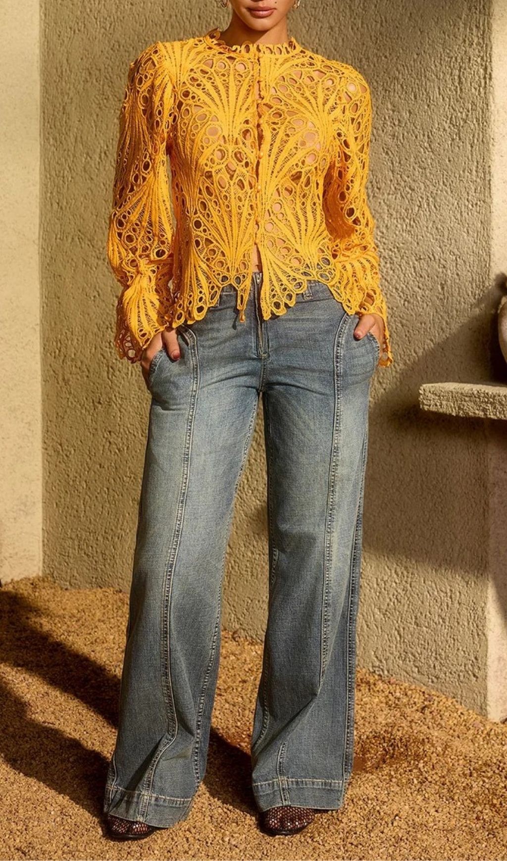 Fashionslee Women Lysendral Long Sleeve Crochet Top In Yellow