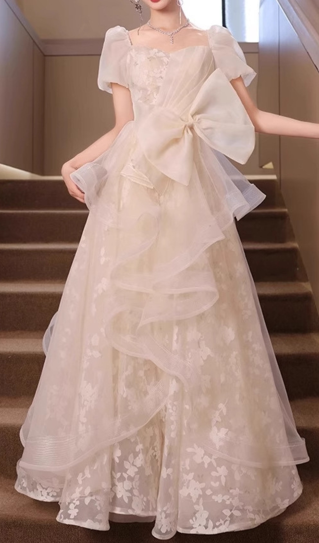 Fashionslee Women Chinue Bow Flower Mesh Maxi Dress