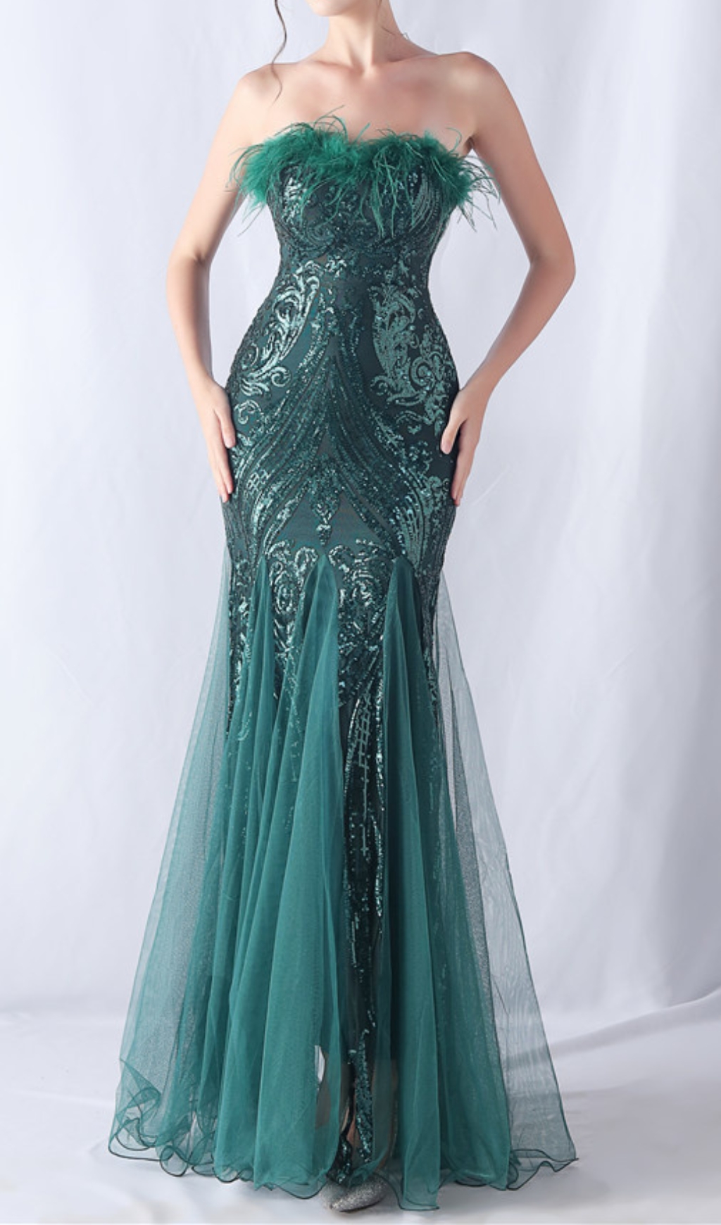 Fashionslee Women Choire Green Sequin Feather Maxi Dress