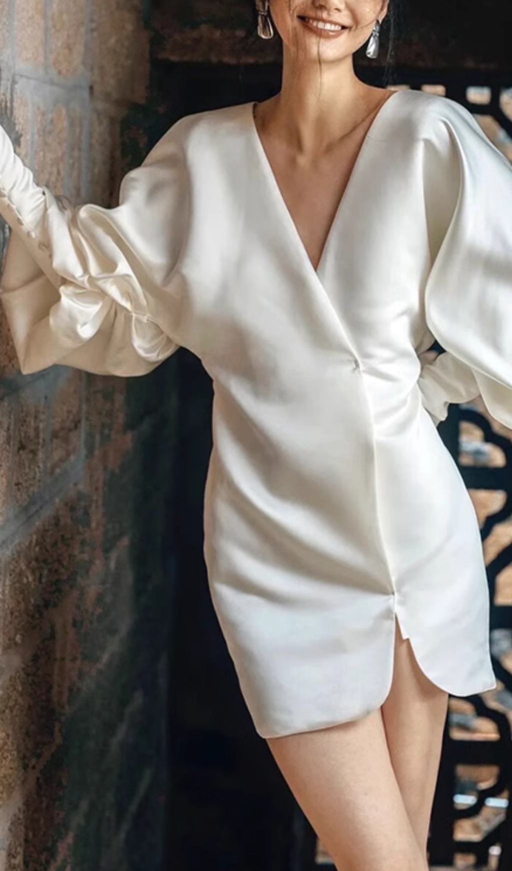 Fashionslee Women Coletta White V-Neck Long Sleeve Satin Mini Dress