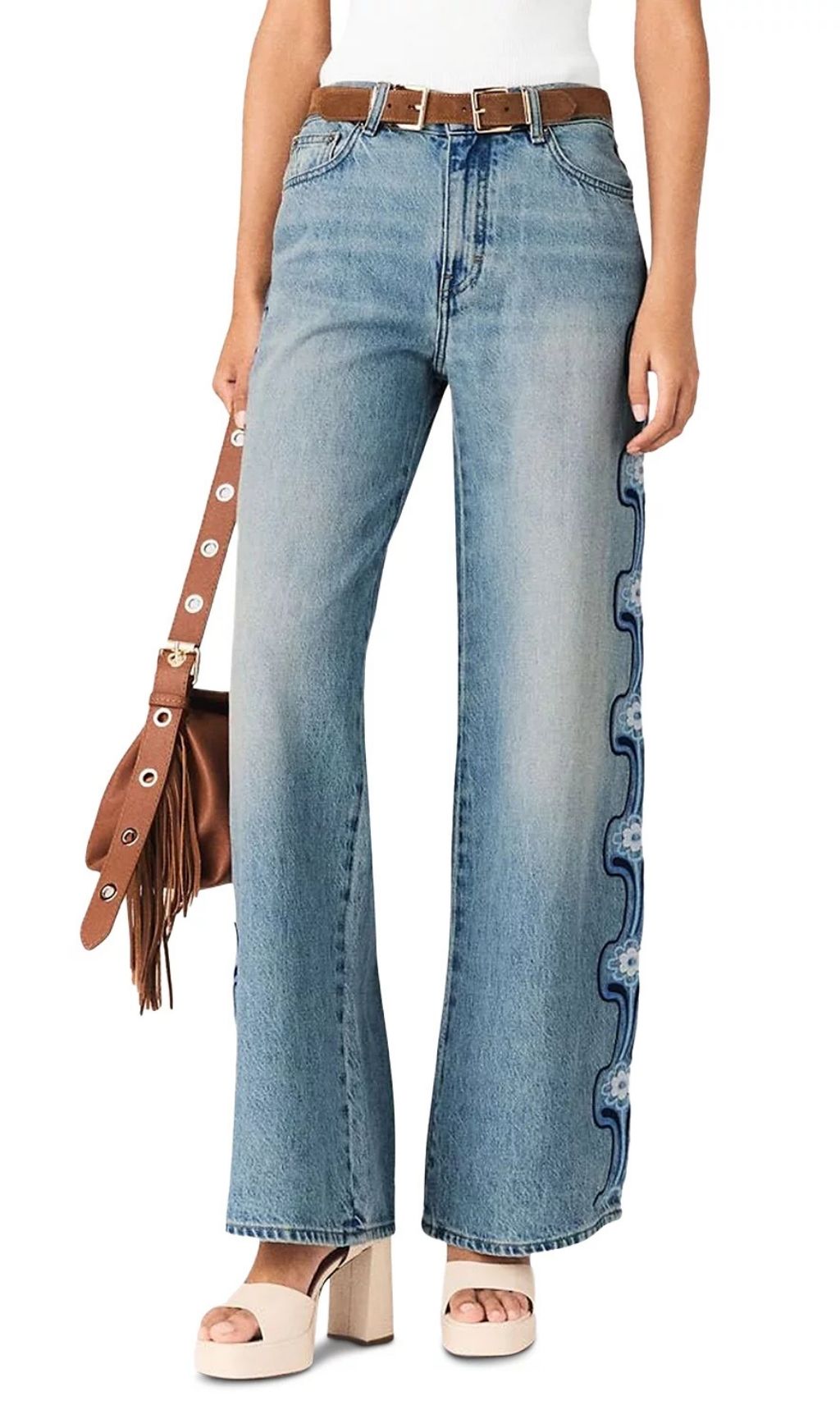 Fashionslee Women Pintbrode Floral Embroidered Wide Leg Jeans in Blue