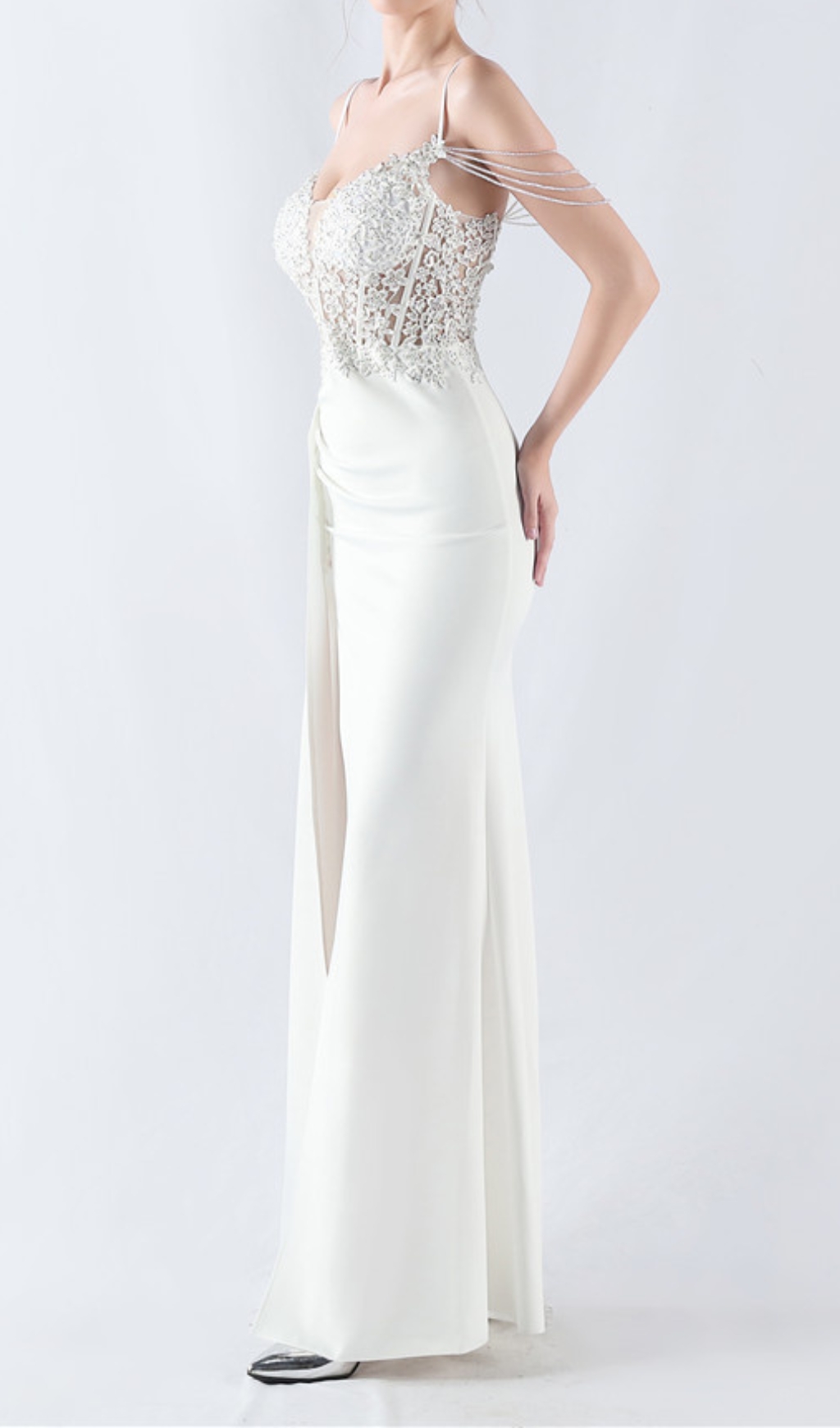 Fashionslee Women Chofa White Flower Bead Corset Maxi Dress