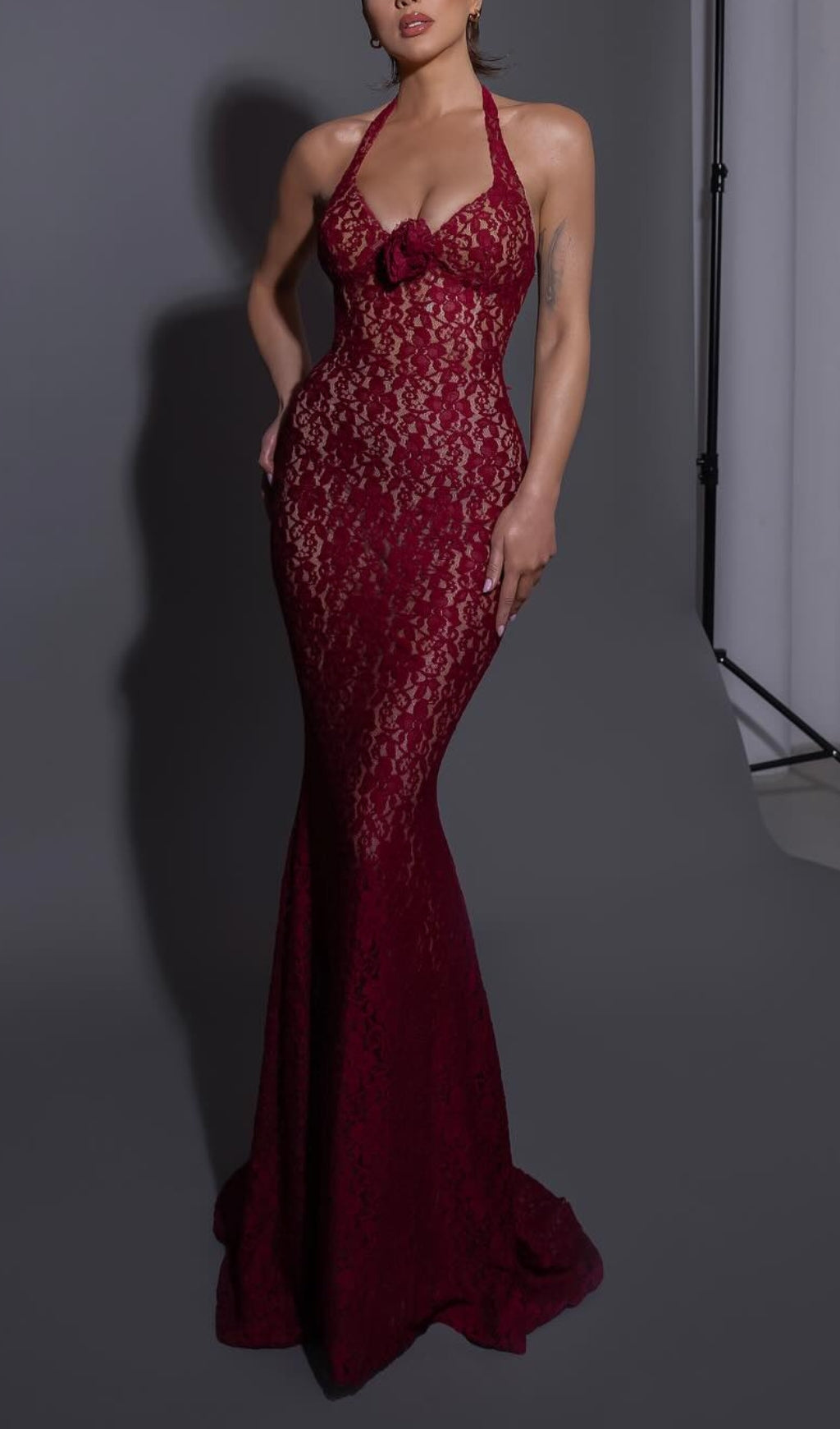 Fashionslee Women Bedelia Wine Halter Lace Maxi Dress