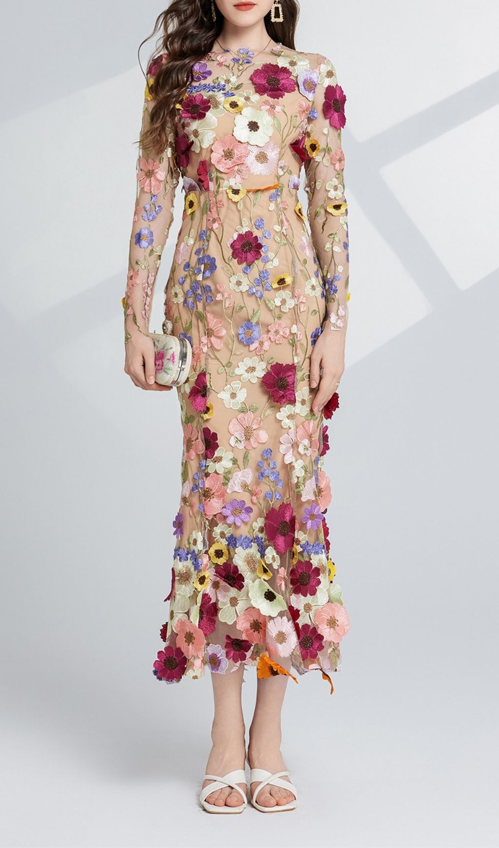 Fashionslee Women Carol Floral Embroidery Mesh Fishtail Long Sleeve Midi Dress