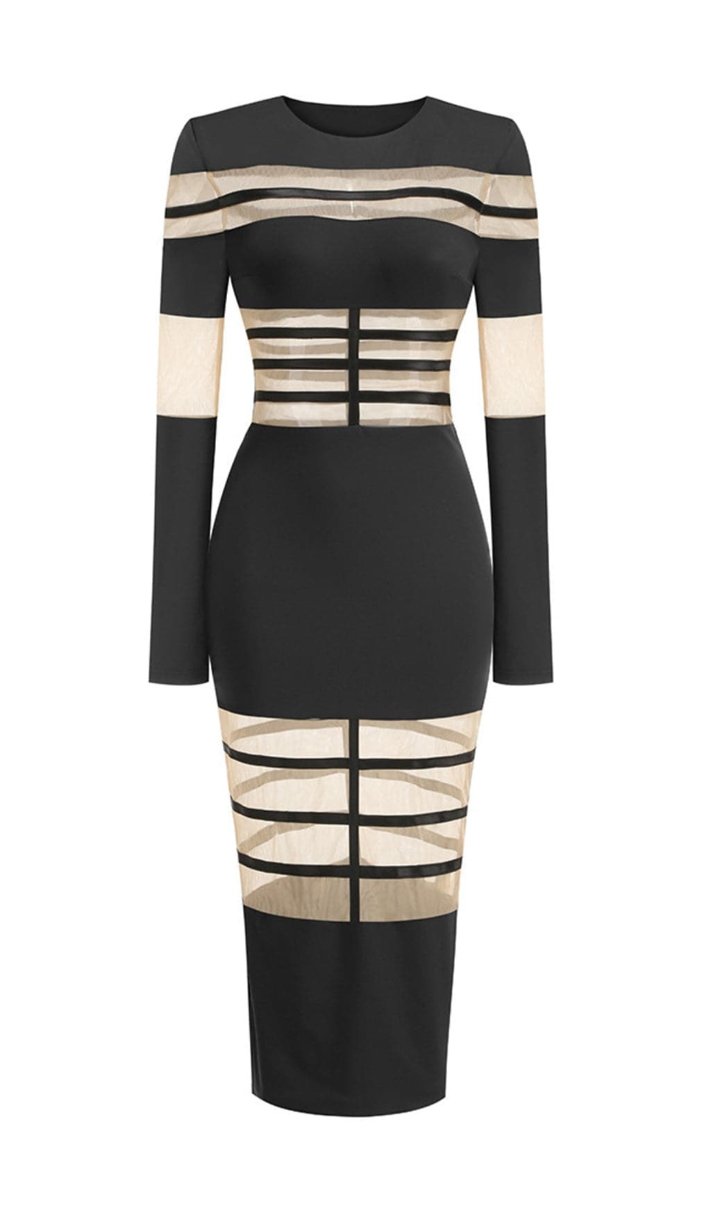 Fashionslee Women Banan Long Sleeve Mesh Bodycon Midi Dress