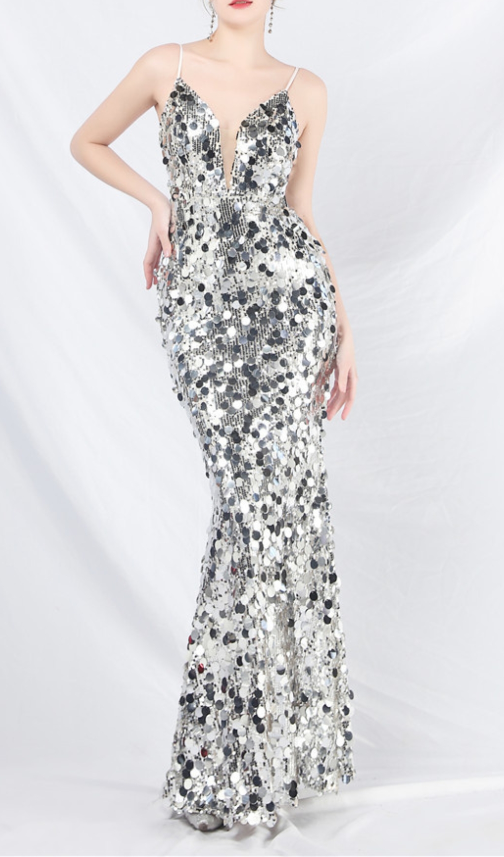 Fashionslee Women Chole Silver Strappy Sequin Maxi Dress