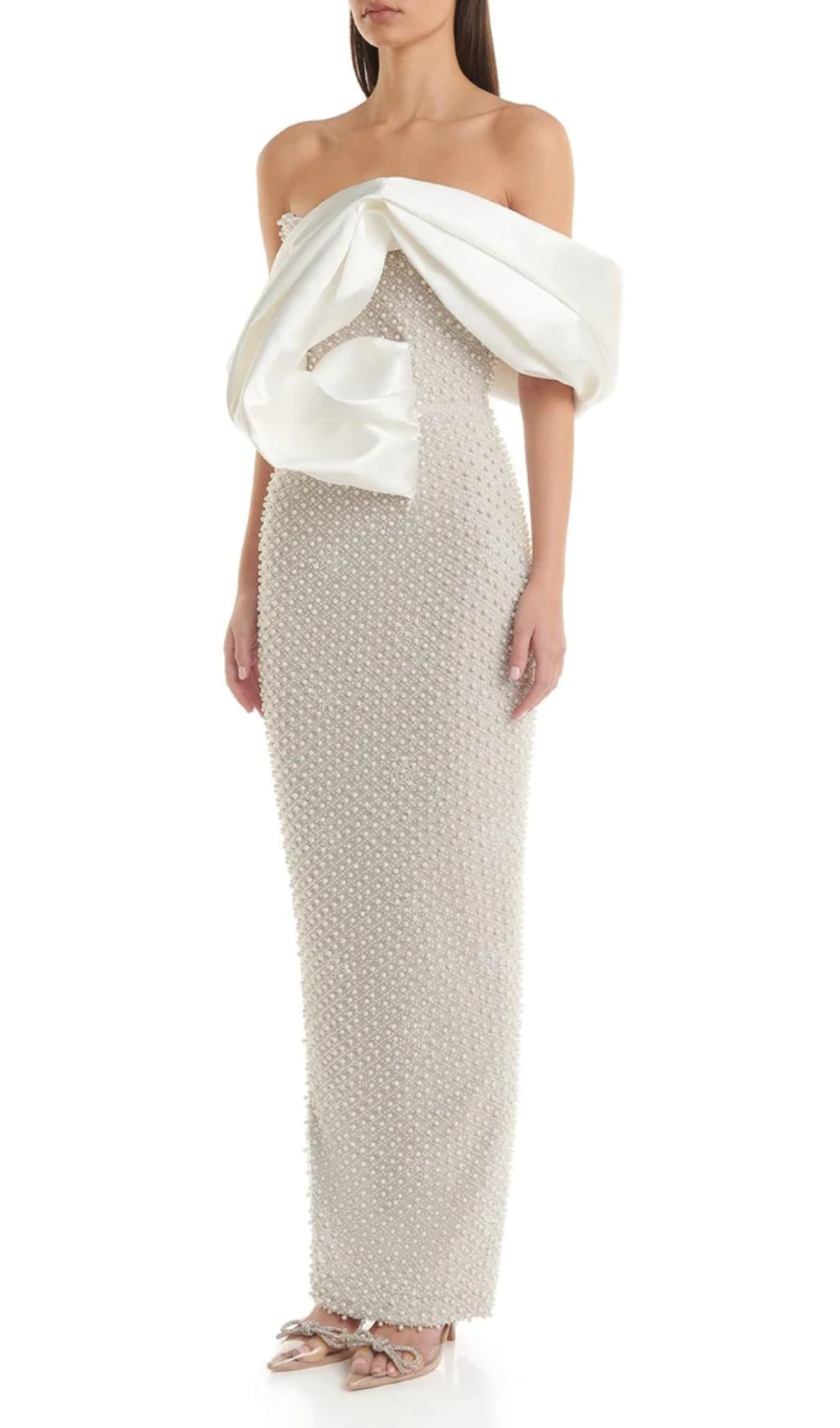2537eb8550c8dead58144f23083e2036.jpeg Fashionslee Women Adwen White Draped Bardot Pearl Maxi Dress