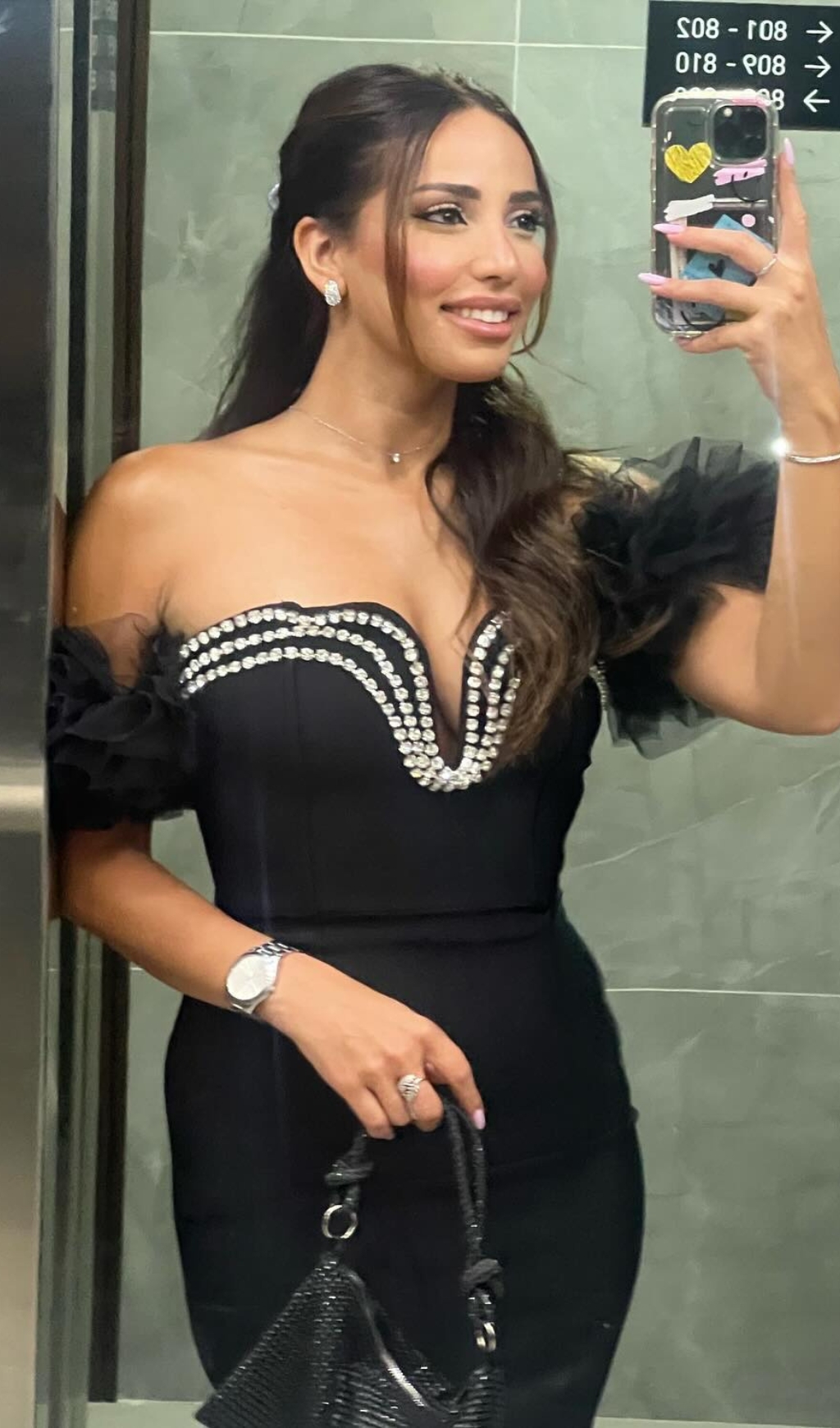 Fashionslee Women Cilicia Black Ruffle Crystal Maxi Bandage Dress