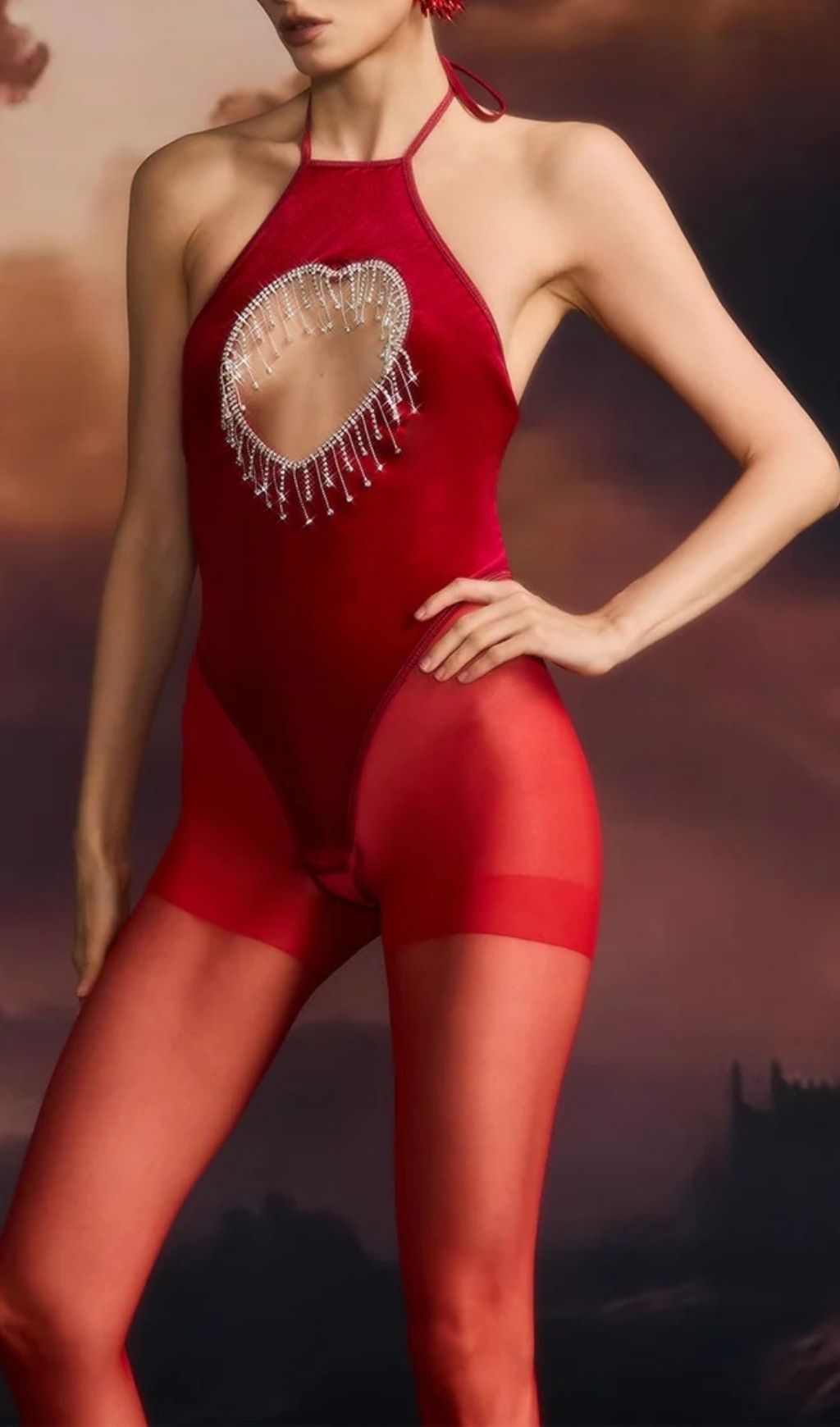 27f79589d9c33b3c9ac4cf2a8677bfdc.jpg Fashionslee Women Vaelrith Halterneck Heart Velvet Bodysuit