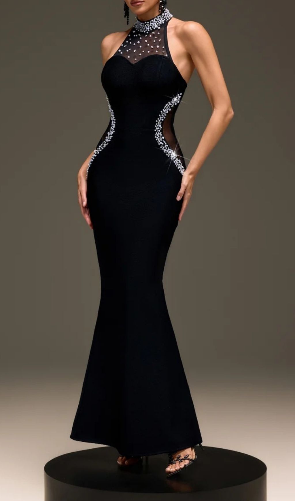 Fashionslee Women Kaevric Halterneck Pearl Bandage Maxi Dress