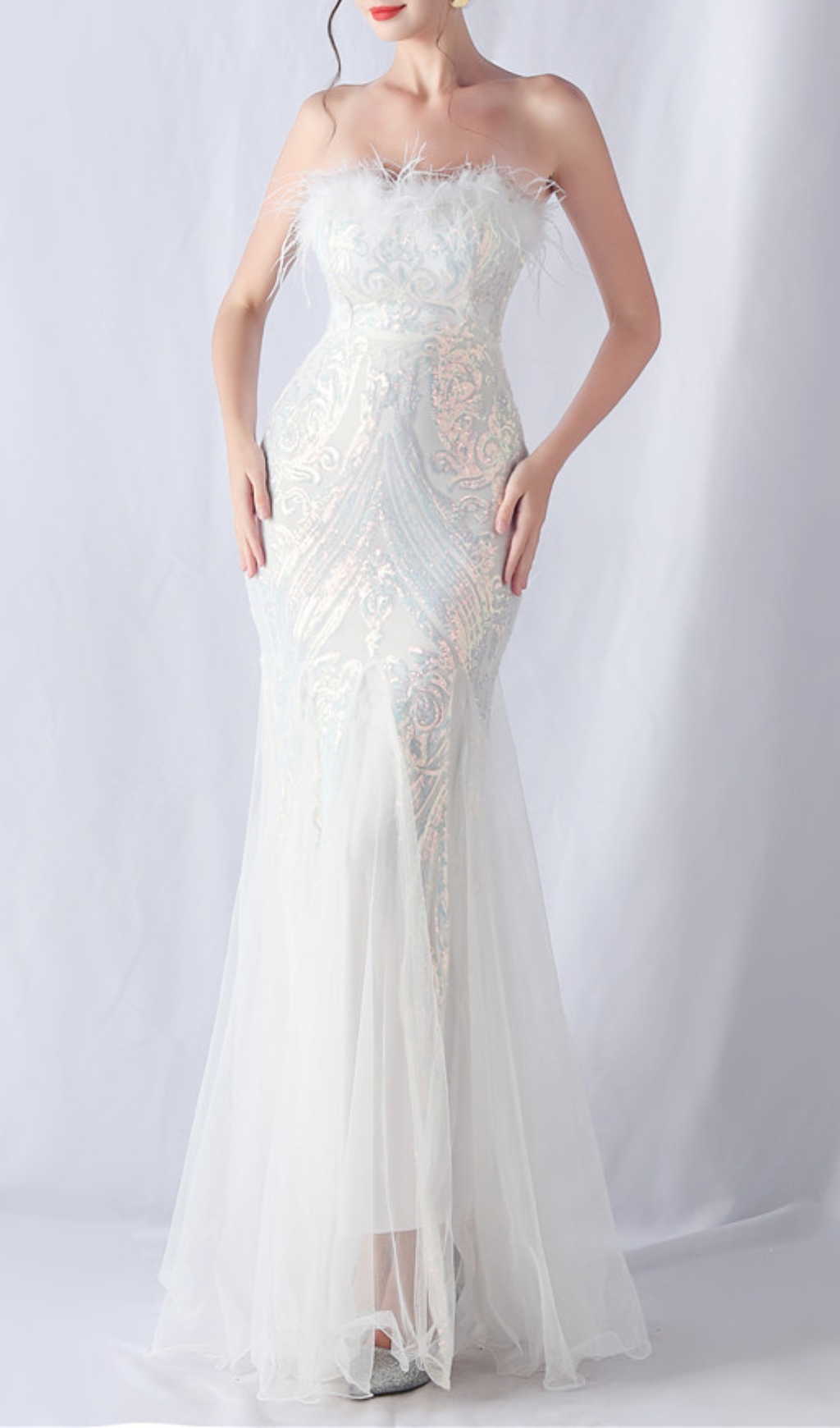 Fashionslee Women Choire White Sequin Feather Maxi Dress