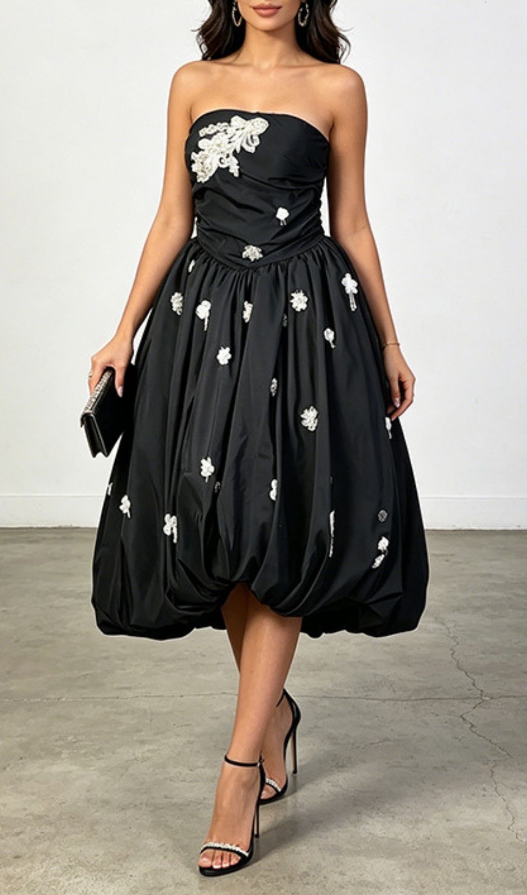 28c37d9e4981755d14e70eec8ac310d6.jpg Fashionslee Women Laurenza Black Strapless Flower Embellished Midi Dress