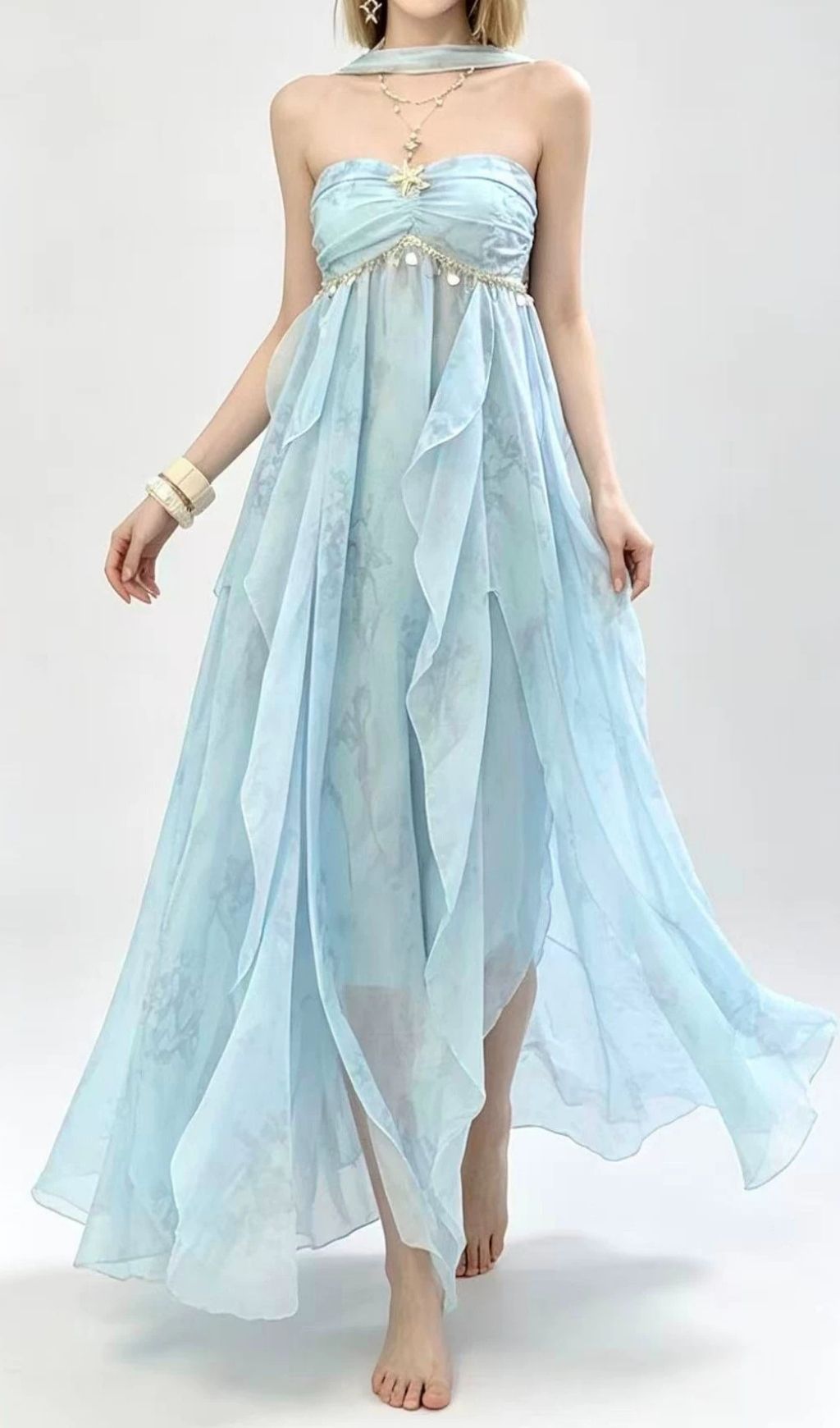 LAVERNA BLUE STRAPLESS PRINTED MAXI DRESS FOR SUMMER - OWNCI LAVERNA BLUE STRAPLESS PRINTED MAXI DRESS FOR SUMMER - OWNCI