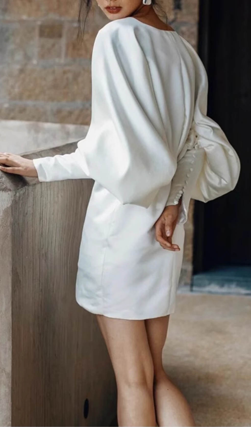 Fashionslee Women Coletta White V-Neck Long Sleeve Satin Mini Dress