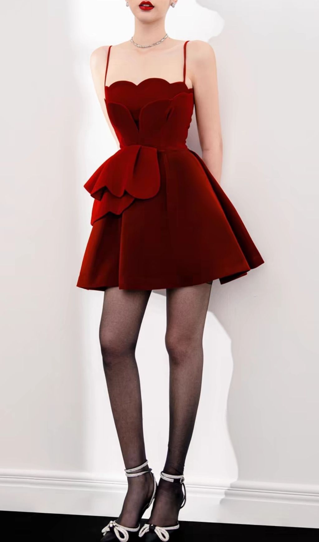 Fashionslee Women Keona Red Wave Velvet Mini Dress