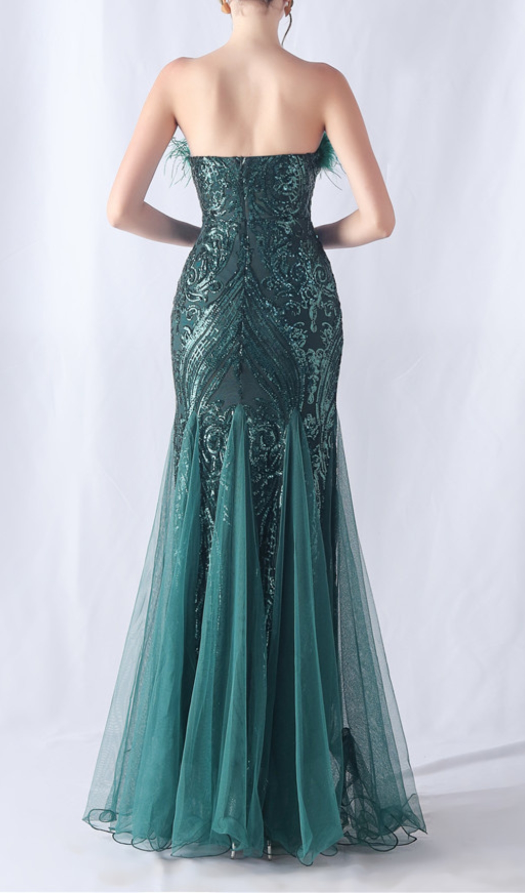 Fashionslee Women Choire Green Sequin Feather Maxi Dress